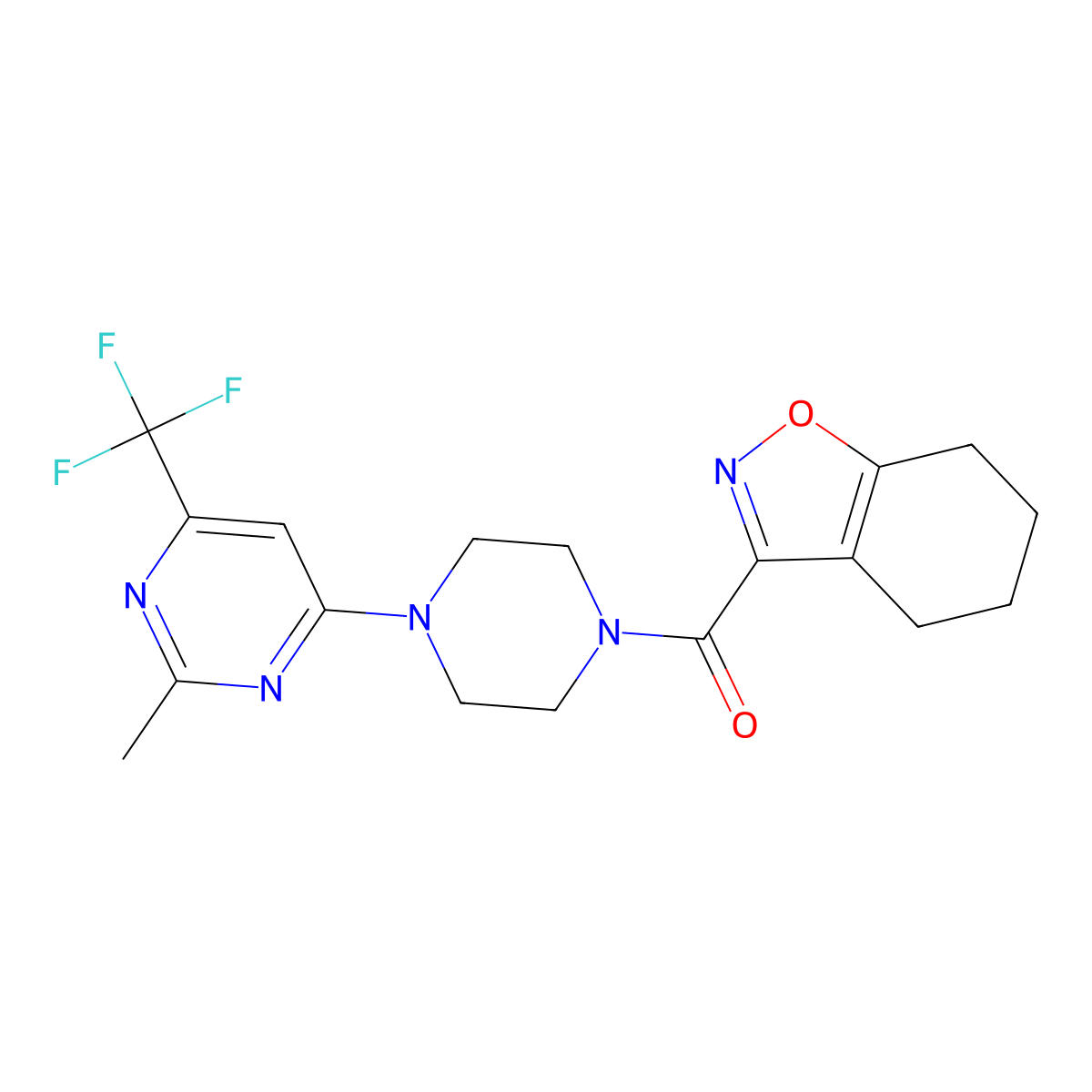 (4-(2-Methyl-6-(trifluoromethyl)pyrimidin-4-yl)piperazin-1-yl)(4,5,6,7-tetrahydrobenzo[d]isoxazol-3-yl)methanone molecular structure, CAS 2034413-04-0