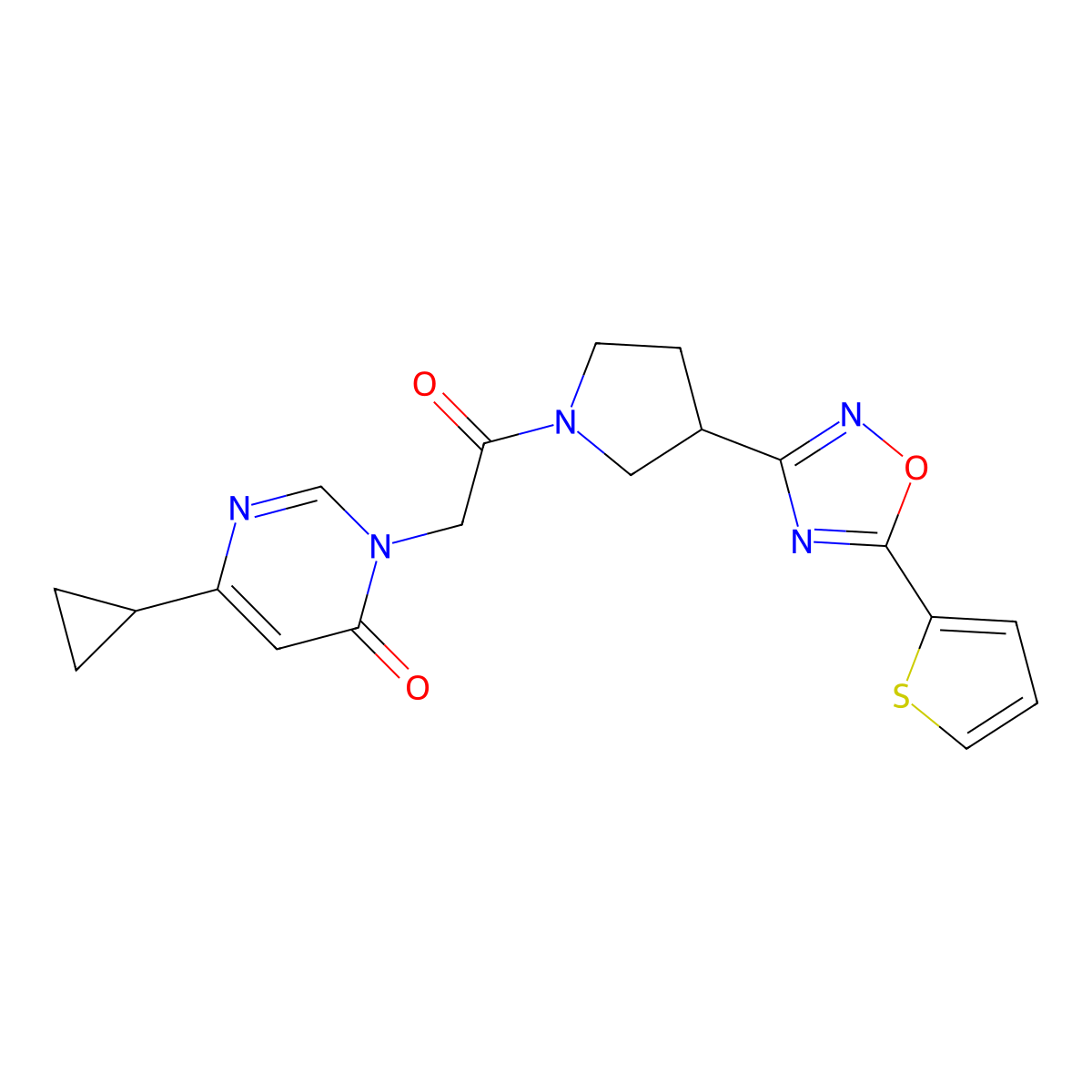 6-cyclopropyl-3-(2-oxo-2-(3-(5-(thiophen-2-yl)-1,2,4-oxadiazol-3-yl)pyrrolidin-1-yl)ethyl)pyrimidin-4(3H)-one molecular structure, CAS 2034413-12-0