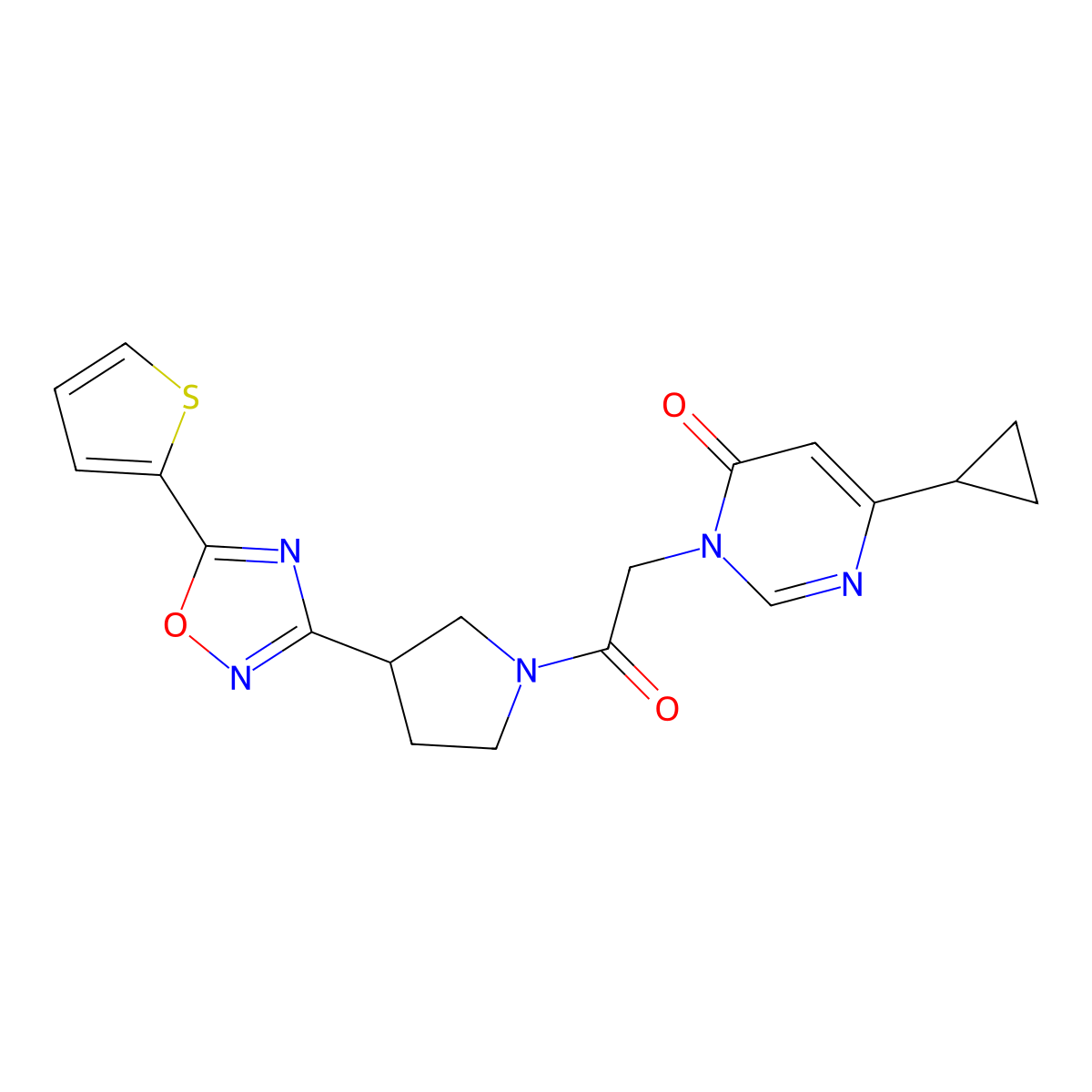 6-cyclopropyl-3-(2-oxo-2-(3-(5-(thiophen-2-yl)-1,2,4-oxadiazol-3-yl)pyrrolidin-1-yl)ethyl)pyrimidin-4(3H)-one molecular structure, CAS 2034413-12-0