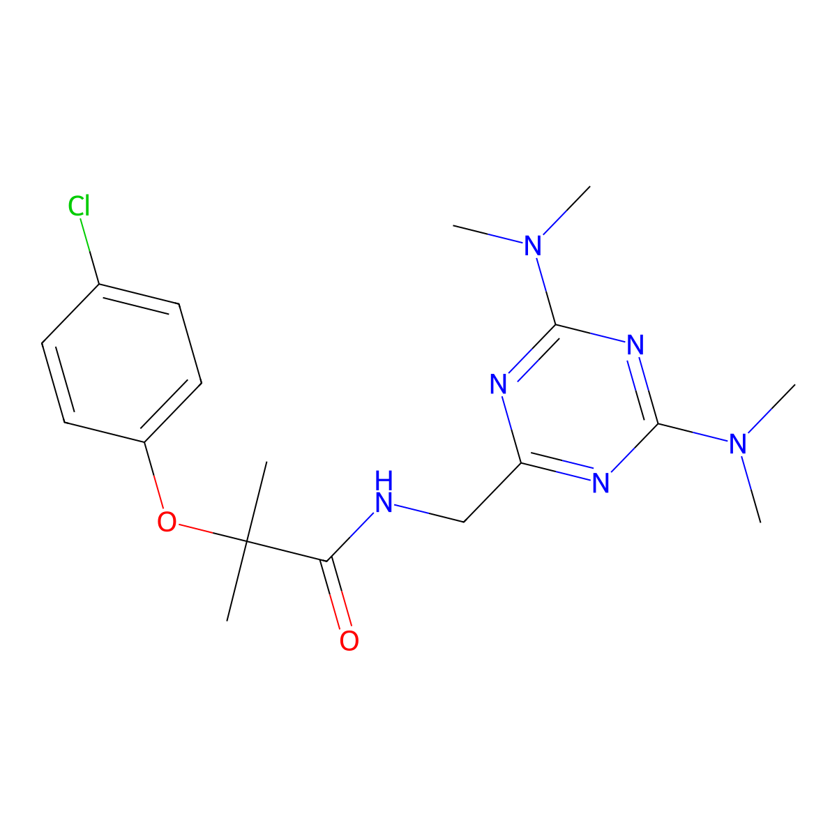N-{[4,6-bis(dimethylamino)-1,3,5-triazin-2-yl]methyl}-2-(4-chlorophenoxy)-2-methylpropanamide molecular structure, CAS 2034413-15-3
