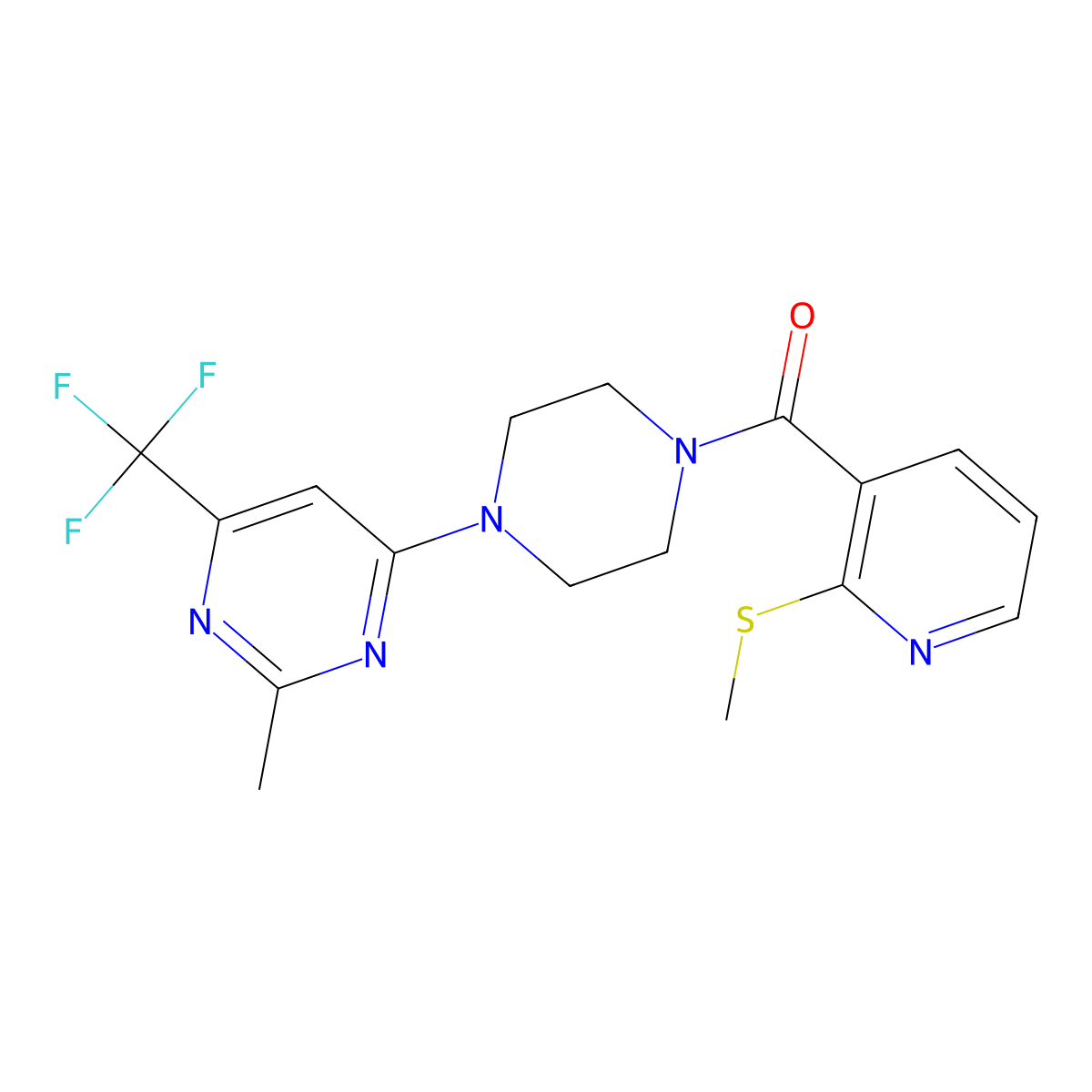(4-(2-Methyl-6-(trifluoromethyl)pyrimidin-4-yl)piperazin-1-yl)(2-(methylthio)pyridin-3-yl)methanone molecular structure, CAS 2034413-17-5