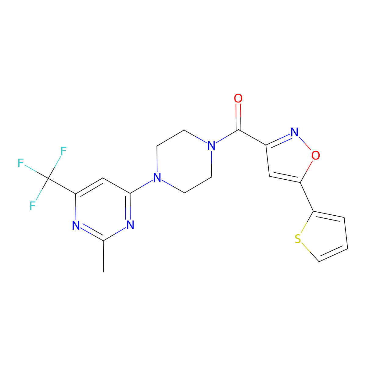 (4-(2-Methyl-6-(trifluoromethyl)pyrimidin-4-yl)piperazin-1-yl)(5-(thiophen-2-yl)isoxazol-3-yl)methanone molecular structure, CAS 2034413-19-7