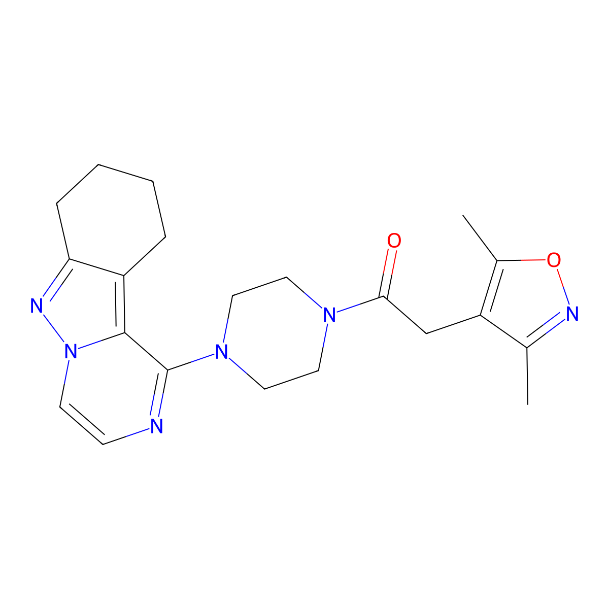 2-(3,5-Dimethylisoxazol-4-yl)-1-(4-(7,8,9,10-tetrahydropyrazino[1,2-b]indazol-1-yl)piperazin-1-yl)ethanone molecular structure, CAS 2034413-20-0