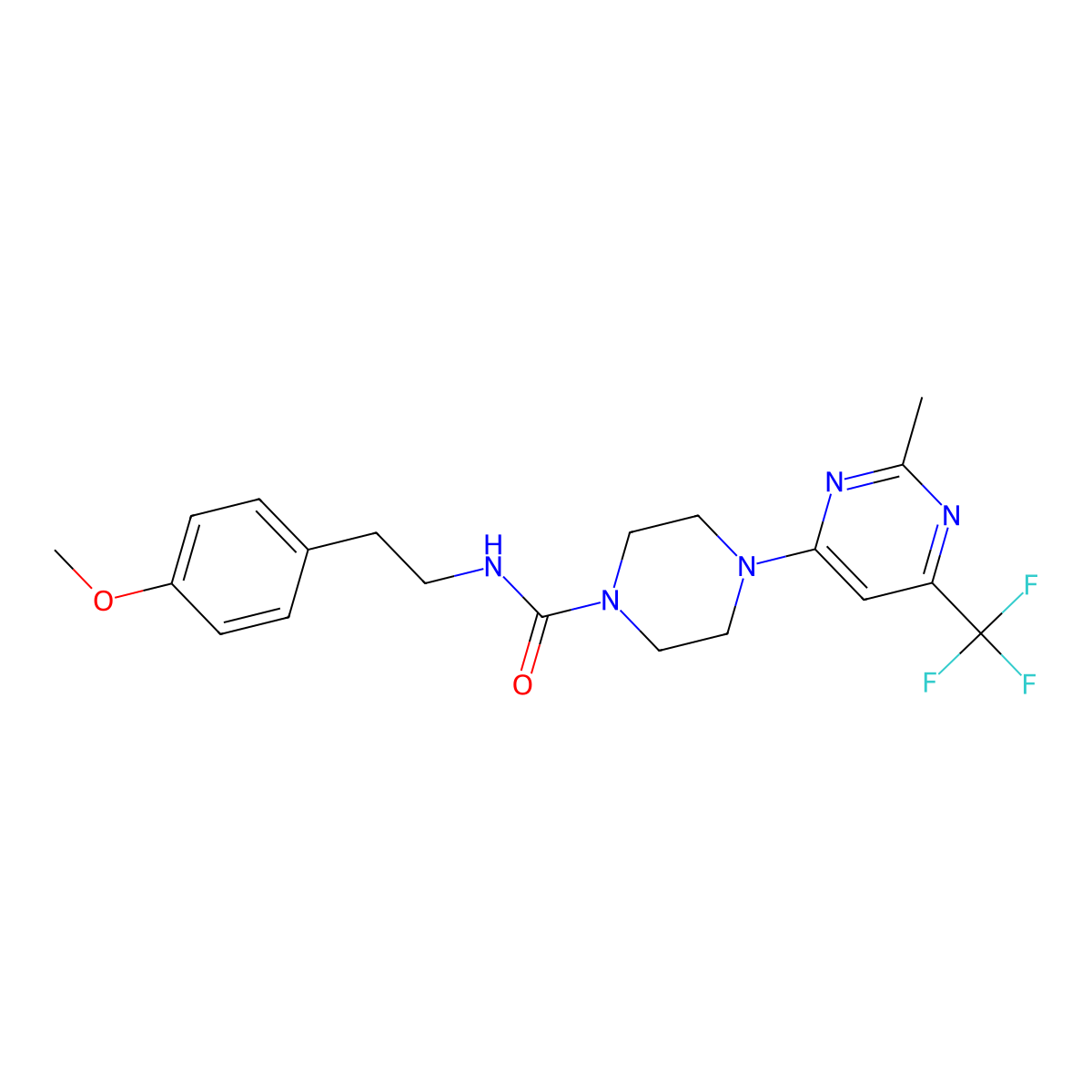 N-(4-methoxyphenethyl)-4-(2-methyl-6-(trifluoromethyl)pyrimidin-4-yl)piperazine-1-carboxamide molecular structure, CAS 2034413-23-3