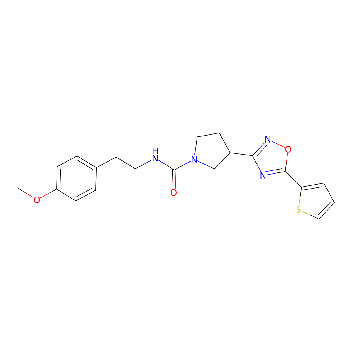 N-(4-methoxyphenethyl)-3-(5-(thiophen-2-yl)-1,2,4-oxadiazol-3-yl)pyrrolidine-1-carboxamide molecular structure, CAS 2034413-24-4