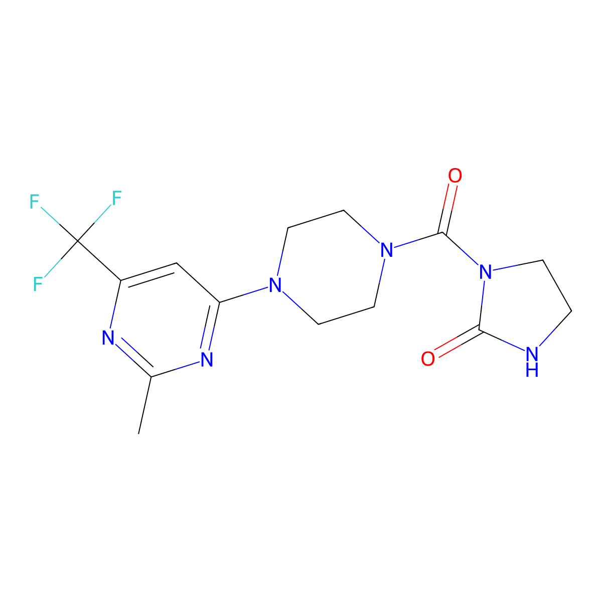 1-(4-(2-Methyl-6-(trifluoromethyl)pyrimidin-4-yl)piperazine-1-carbonyl)imidazolidin-2-one molecular structure, CAS 2034413-27-7