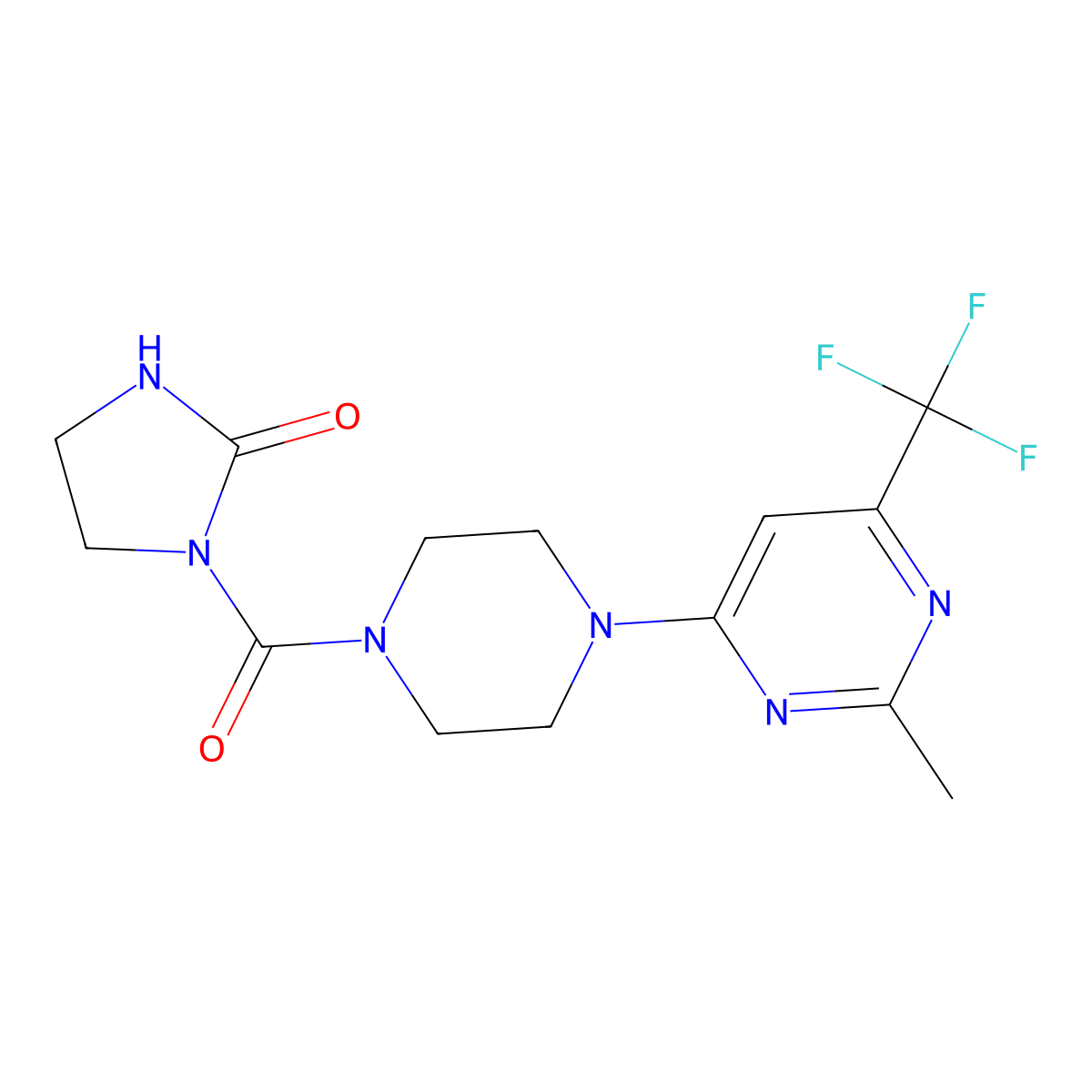 1-(4-(2-Methyl-6-(trifluoromethyl)pyrimidin-4-yl)piperazine-1-carbonyl)imidazolidin-2-one molecular structure, CAS 2034413-27-7