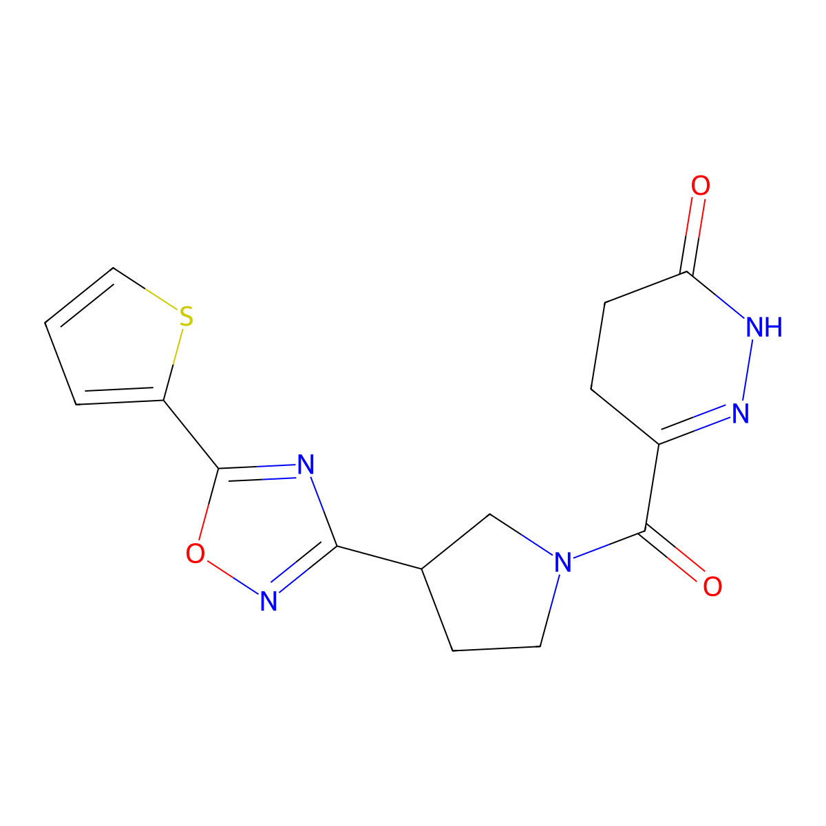 6-(3-(5-(thiophen-2-yl)-1,2,4-oxadiazol-3-yl)pyrrolidine-1-carbonyl)-4,5-dihydropyridazin-3(2H)-one molecular structure, CAS 2034413-28-8