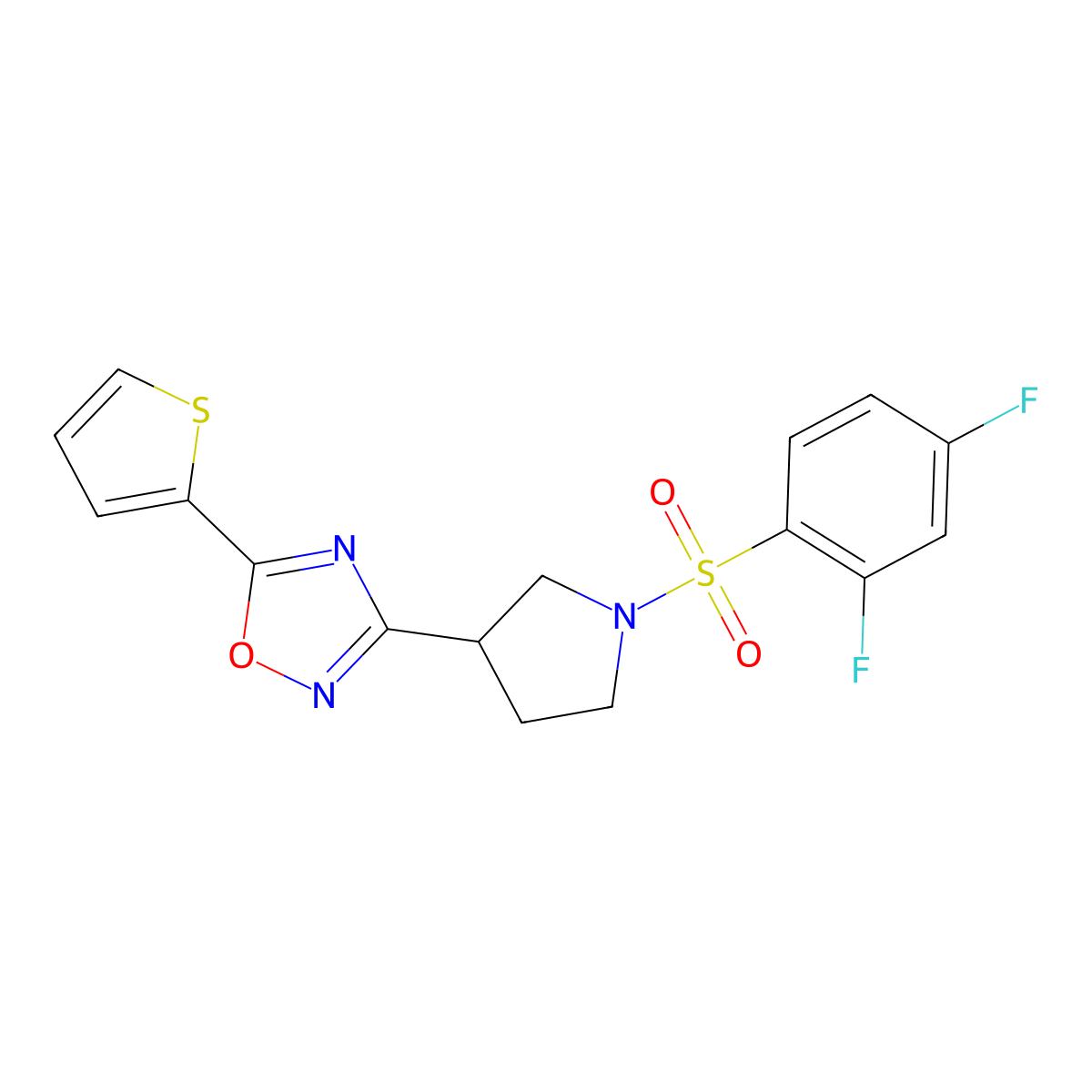 3-(1-((2,4-Difluorophenyl)sulfonyl)pyrrolidin-3-yl)-5-(thiophen-2-yl)-1,2,4-oxadiazole molecular structure, CAS 2034413-34-6