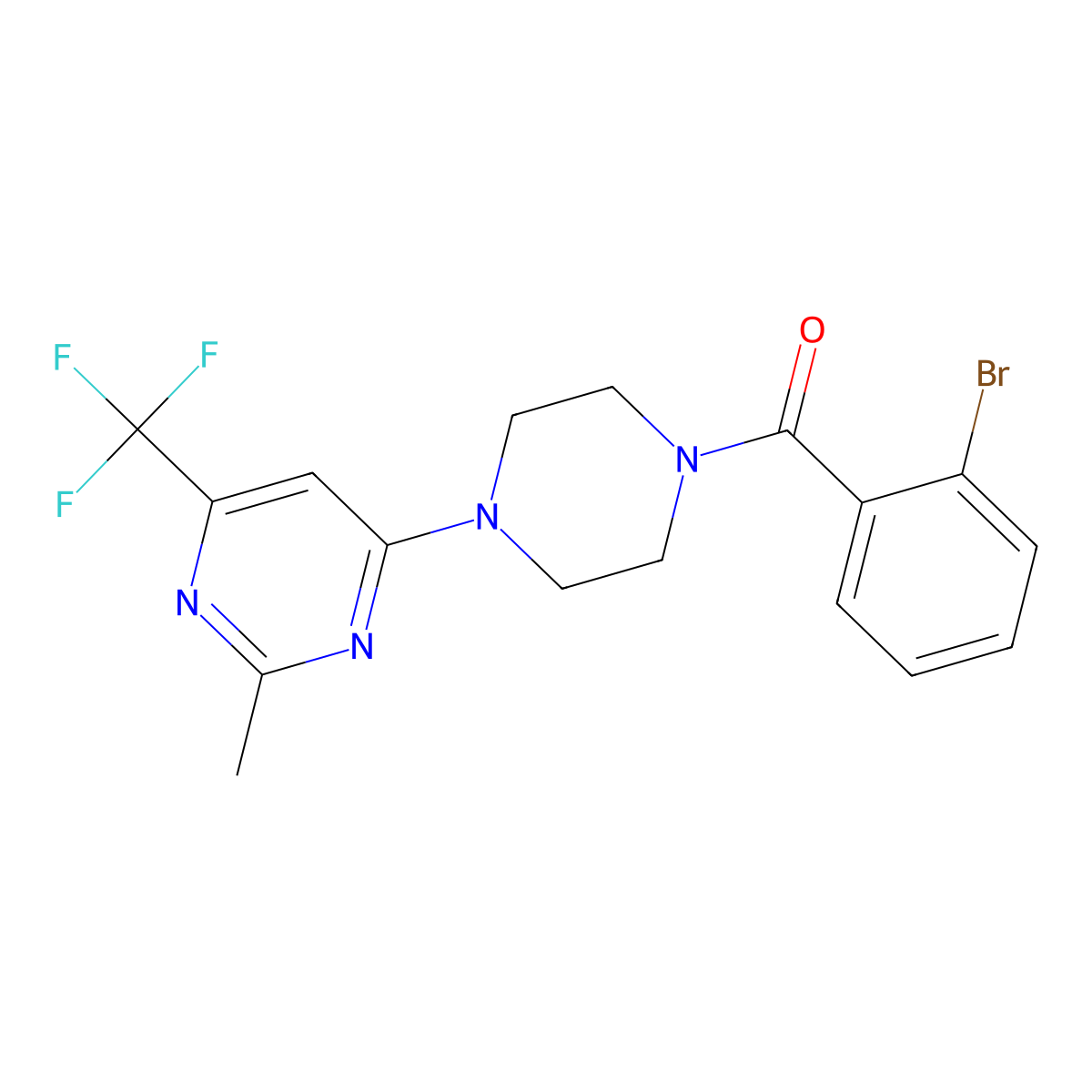 (2-Bromophenyl)(4-(2-methyl-6-(trifluoromethyl)pyrimidin-4-yl)piperazin-1-yl)methanone molecular structure, CAS 2034413-35-7