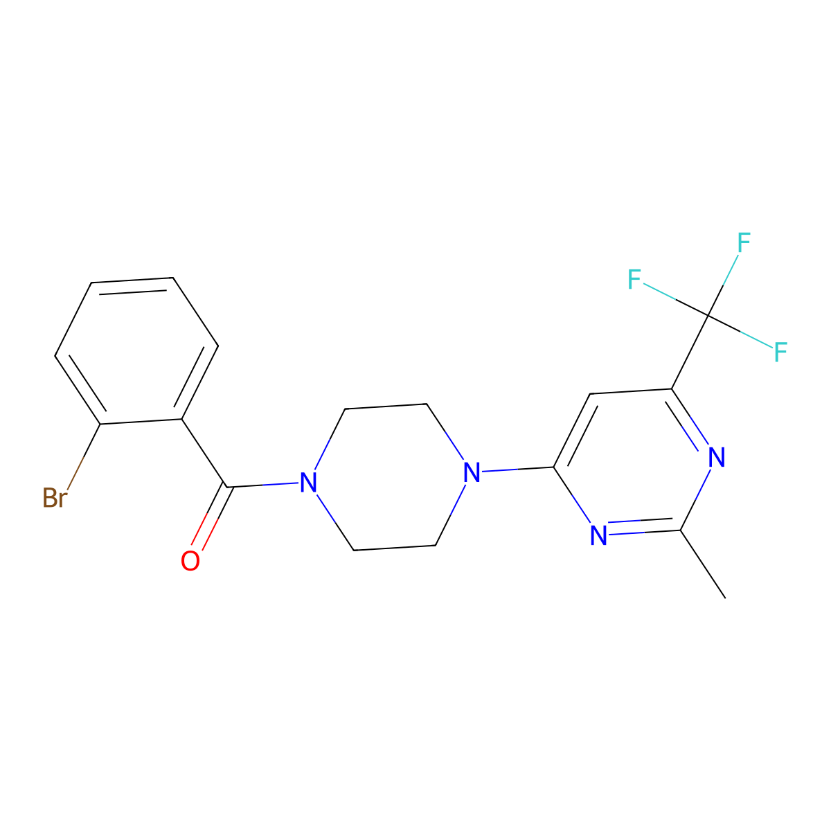 (2-Bromophenyl)(4-(2-methyl-6-(trifluoromethyl)pyrimidin-4-yl)piperazin-1-yl)methanone molecular structure, CAS 2034413-35-7