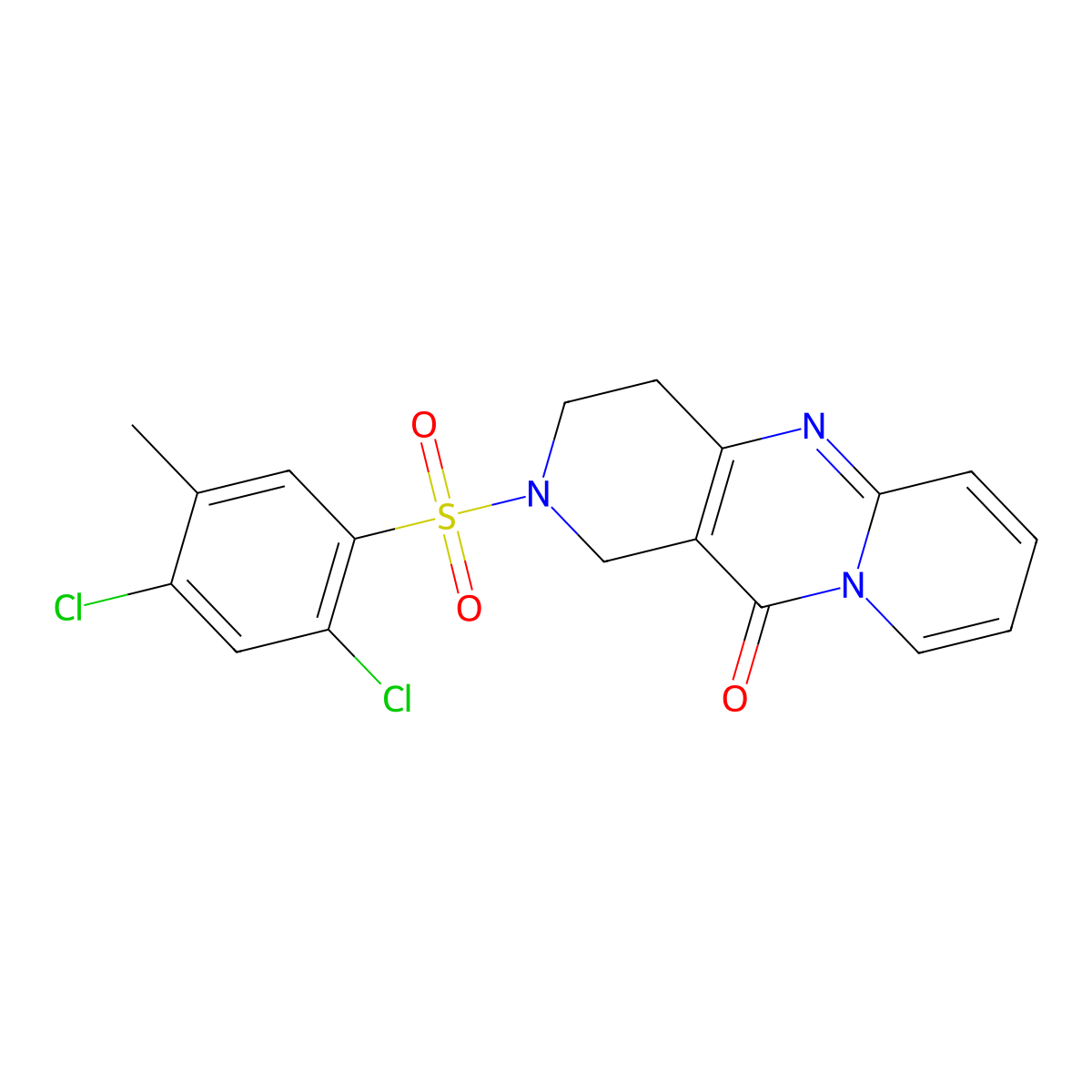 2-((2,4-dichloro-5-methylphenyl)sulfonyl)-3,4-dihydro-1H-dipyrido[1,2-a:4',3'-d]pyrimidin-11(2H)-one molecular structure, CAS 2034413-36-8