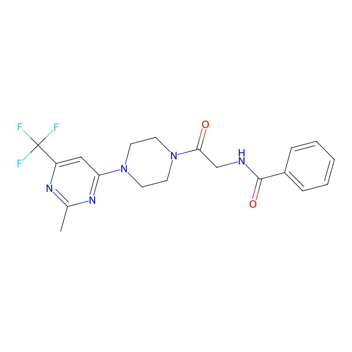 N-(2-{4-[2-methyl-6-(trifluoromethyl)pyrimidin-4-yl]piperazin-1-yl}-2-oxoethyl)benzamide molecular structure, CAS 2034413-42-6