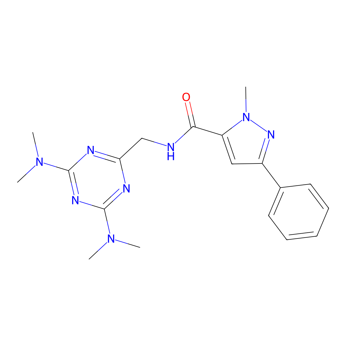 N-((4,6-bis(dimethylamino)-1,3,5-triazin-2-yl)methyl)-1-methyl-3-phenyl-1H-pyrazole-5-carboxamide molecular structure, CAS 2034413-53-9