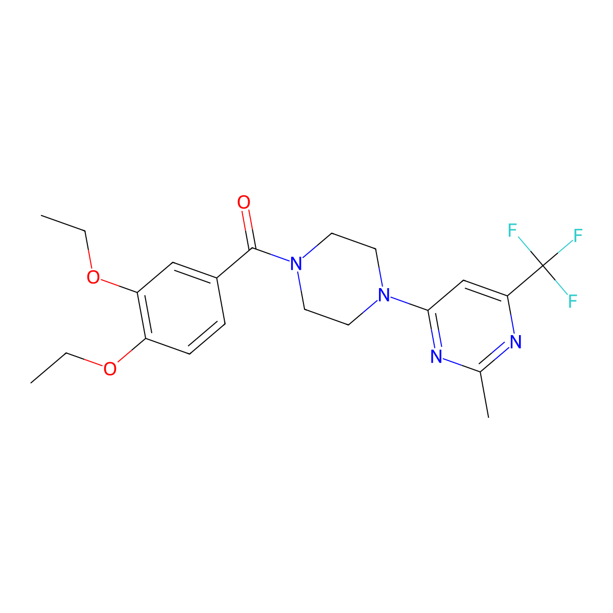 (3,4-Diethoxyphenyl)(4-(2-methyl-6-(trifluoromethyl)pyrimidin-4-yl)piperazin-1-yl)methanone molecular structure, CAS 2034413-57-3
