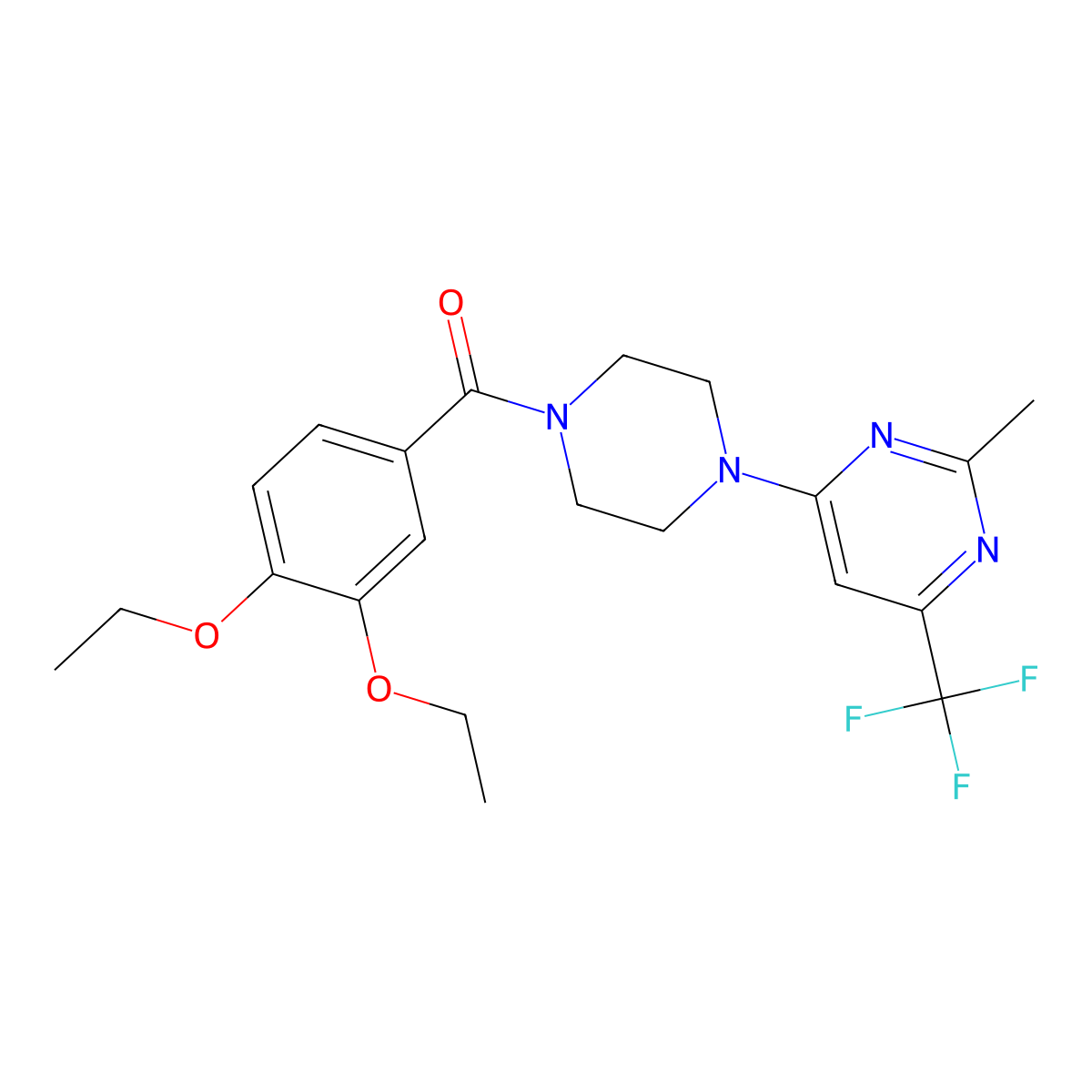 (3,4-Diethoxyphenyl)(4-(2-methyl-6-(trifluoromethyl)pyrimidin-4-yl)piperazin-1-yl)methanone molecular structure, CAS 2034413-57-3