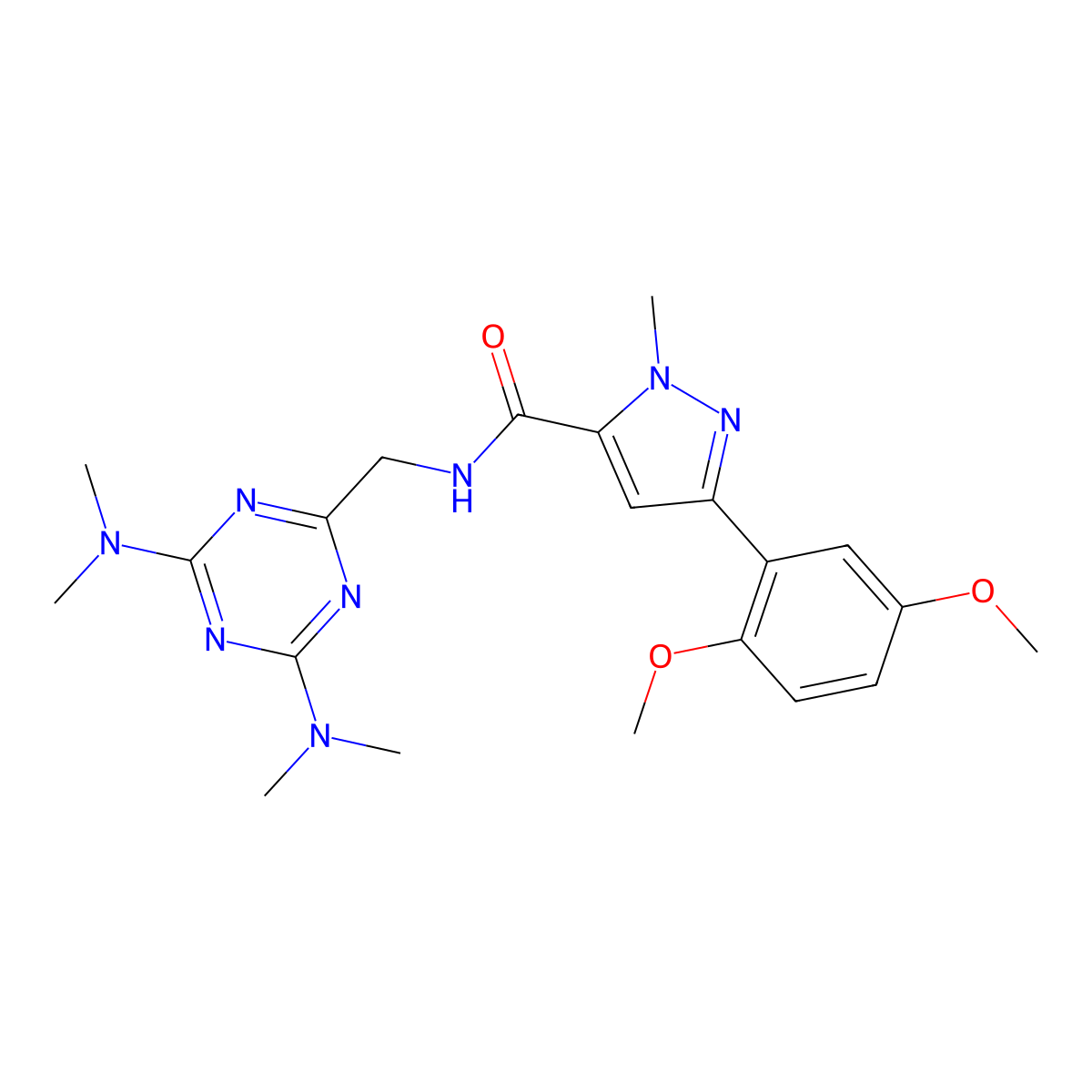 N-{[4,6-bis(dimethylamino)-1,3,5-triazin-2-yl]methyl}-3-(2,5-dimethoxyphenyl)-1-methyl-1H-pyrazole-5-carboxamide molecular structure, CAS 2034413-64-2