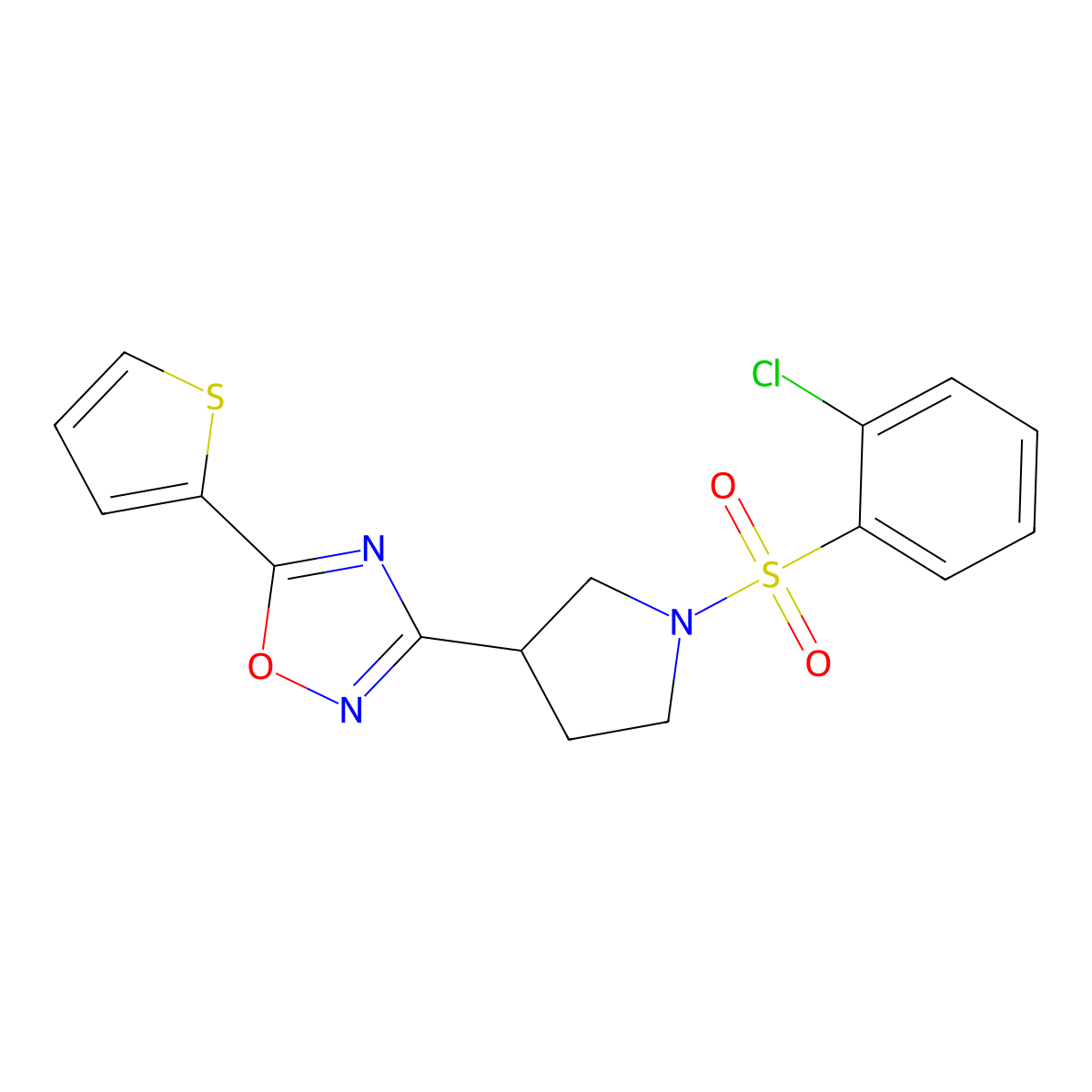 3-(1-((2-Chlorophenyl)sulfonyl)pyrrolidin-3-yl)-5-(thiophen-2-yl)-1,2,4-oxadiazole molecular structure, CAS 2034413-69-7