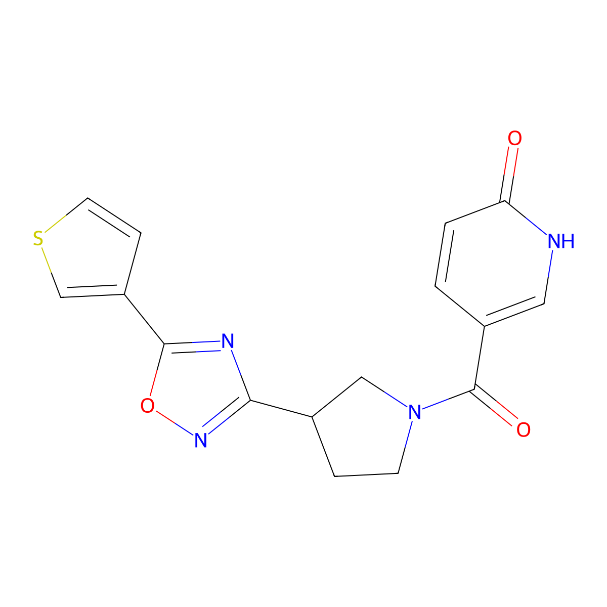 5-(3-(5-(thiophen-3-yl)-1,2,4-oxadiazol-3-yl)pyrrolidine-1-carbonyl)pyridin-2(1H)-one molecular structure, CAS 2034413-73-3