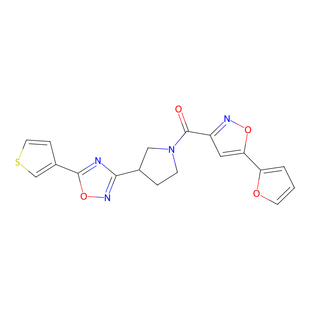 (5-(Furan-2-yl)isoxazol-3-yl)(3-(5-(thiophen-3-yl)-1,2,4-oxadiazol-3-yl)pyrrolidin-1-yl)methanone molecular structure, CAS 2034413-76-6