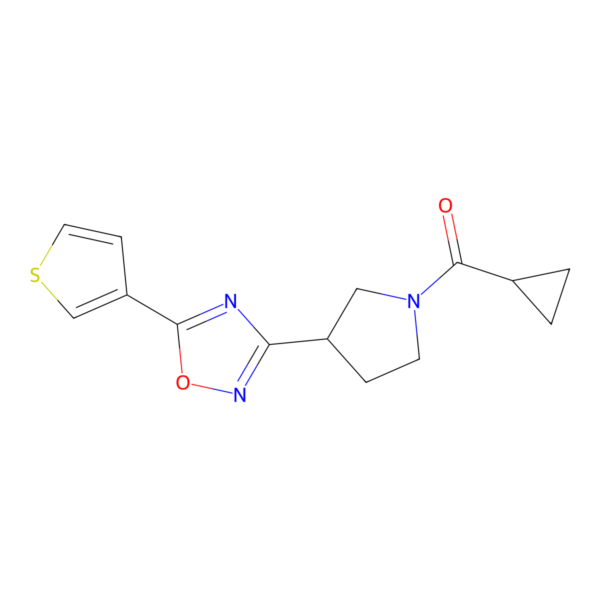 Cyclopropyl(3-(5-(thiophen-3-yl)-1,2,4-oxadiazol-3-yl)pyrrolidin-1-yl)methanone molecular structure, CAS 2034413-79-9