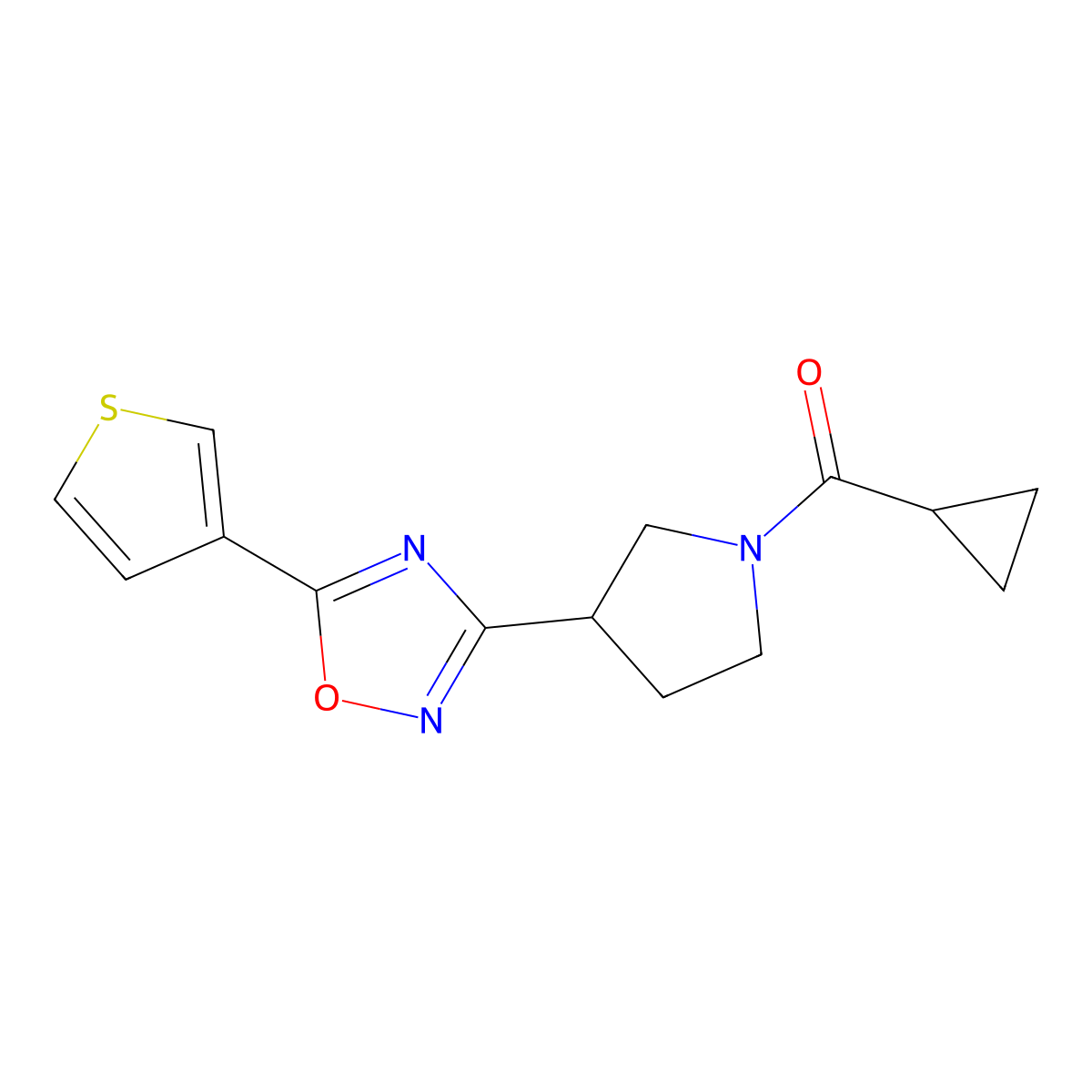 Cyclopropyl(3-(5-(thiophen-3-yl)-1,2,4-oxadiazol-3-yl)pyrrolidin-1-yl)methanone molecular structure, CAS 2034413-79-9