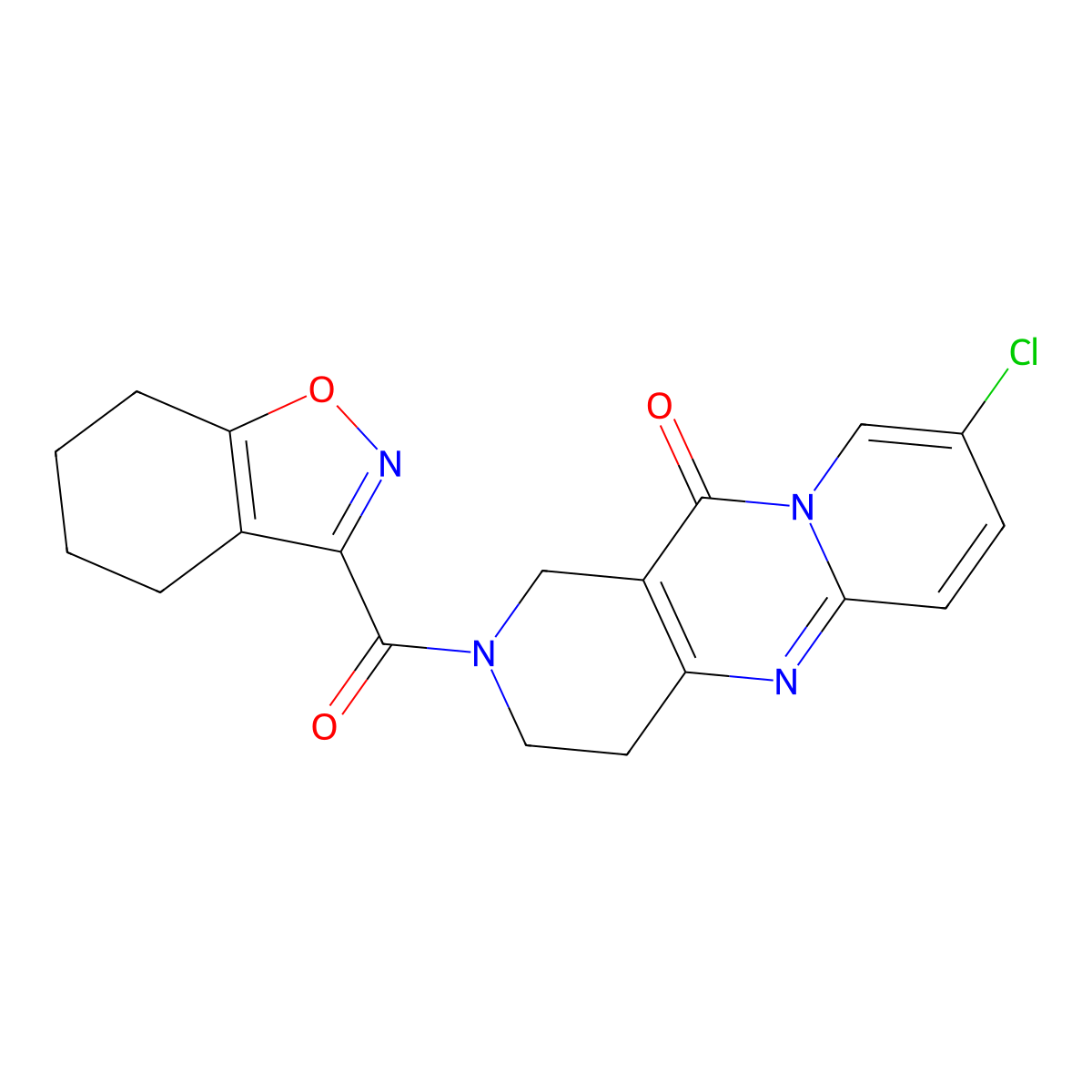 8-chloro-2-(4,5,6,7-tetrahydrobenzo[d]isoxazole-3-carbonyl)-3,4-dihydro-1H-dipyrido[1,2-a:4',3'-d]pyrimidin-11(2H)-one molecular structure, CAS 2034413-80-2