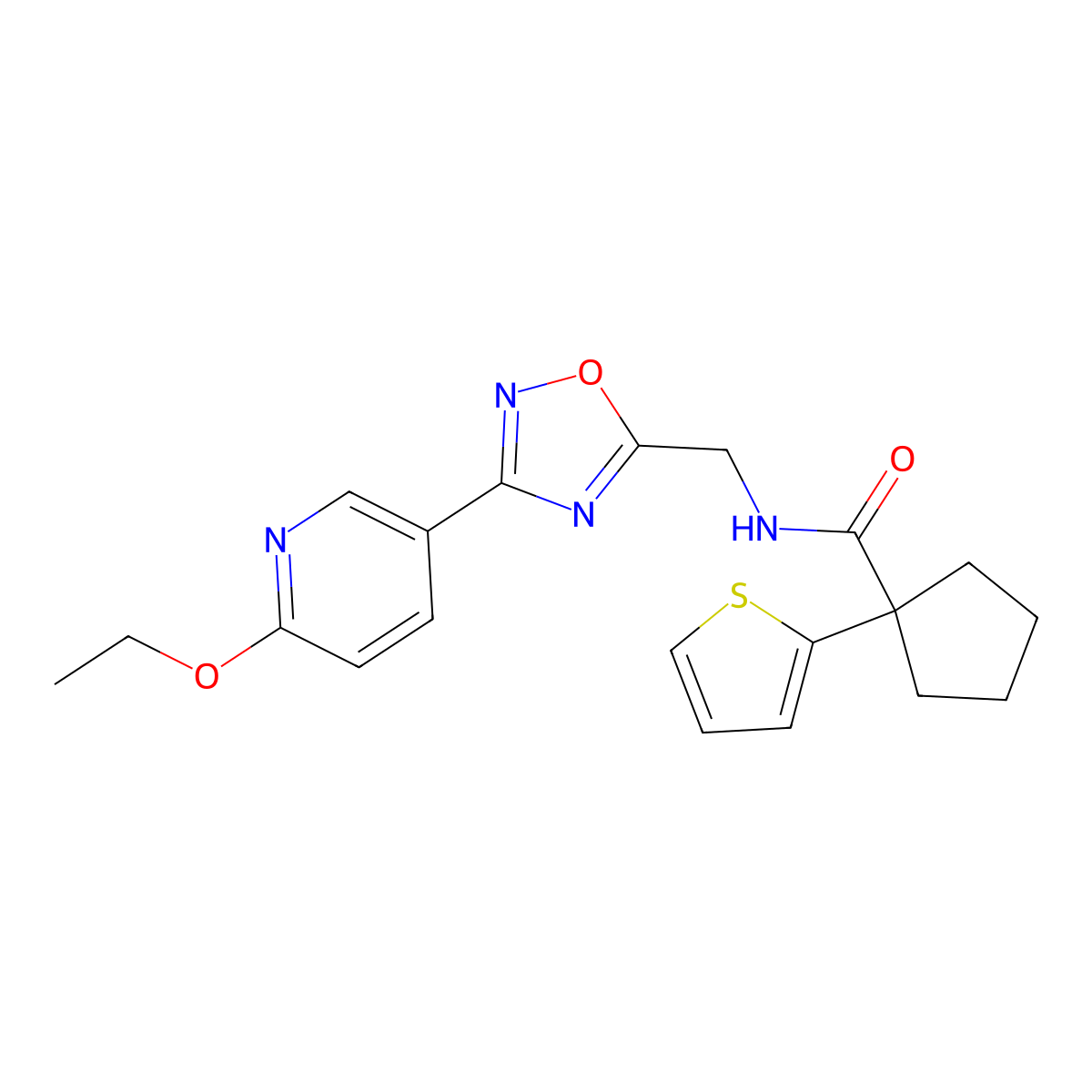 N-((3-(6-ethoxypyridin-3-yl)-1,2,4-oxadiazol-5-yl)methyl)-1-(thiophen-2-yl)cyclopentanecarboxamide molecular structure, CAS 2034413-86-8