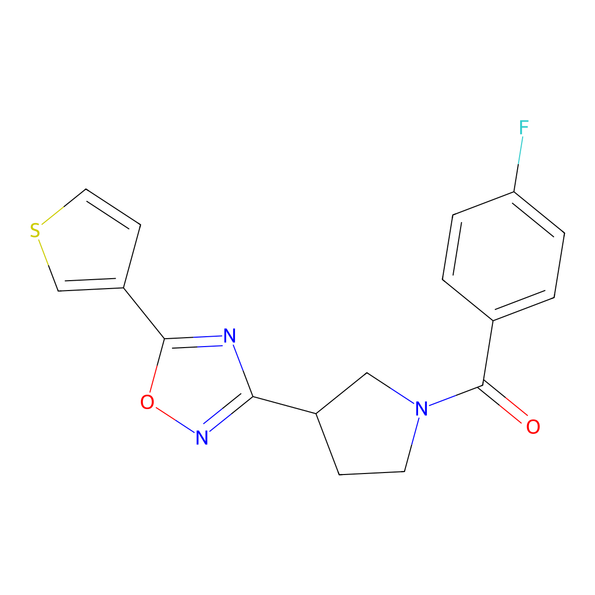 (4-Fluorophenyl)(3-(5-(thiophen-3-yl)-1,2,4-oxadiazol-3-yl)pyrrolidin-1-yl)methanone molecular structure, CAS 2034413-89-1