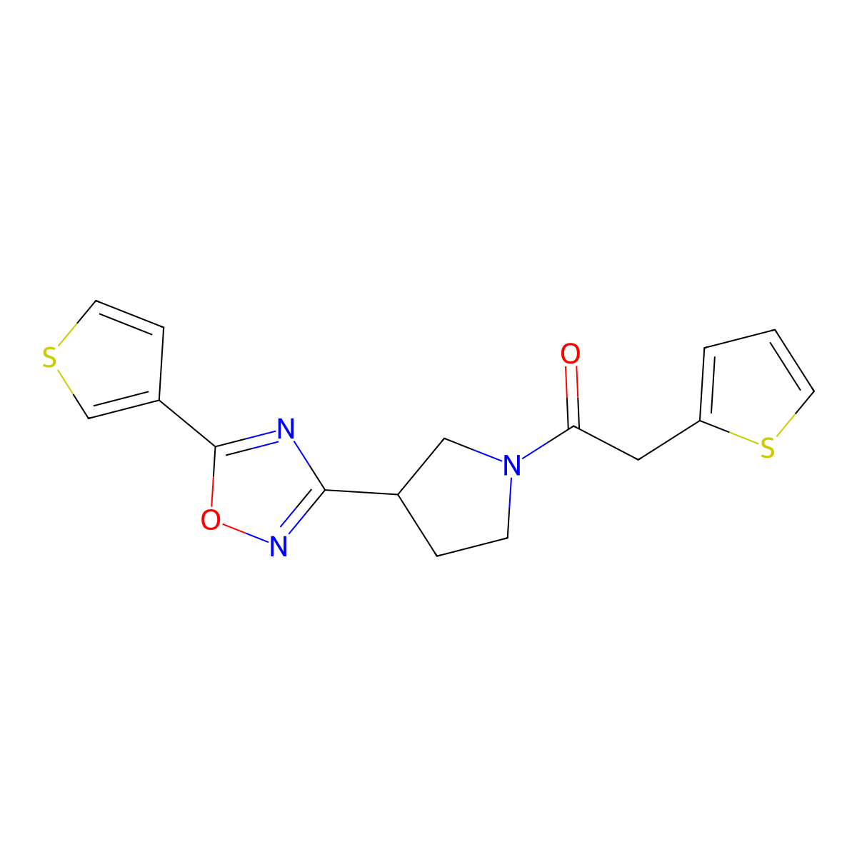 2-(Thiophen-2-yl)-1-(3-(5-(thiophen-3-yl)-1,2,4-oxadiazol-3-yl)pyrrolidin-1-yl)ethanone molecular structure, CAS 2034413-93-7
