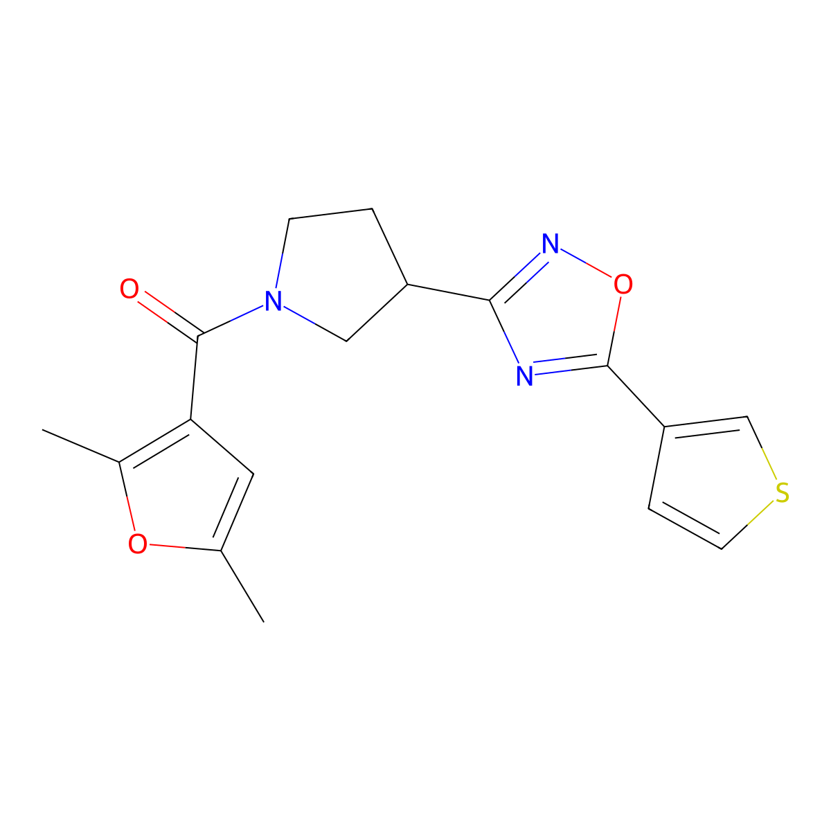 (2,5-Dimethylfuran-3-yl)(3-(5-(thiophen-3-yl)-1,2,4-oxadiazol-3-yl)pyrrolidin-1-yl)methanone molecular structure, CAS 2034413-97-1