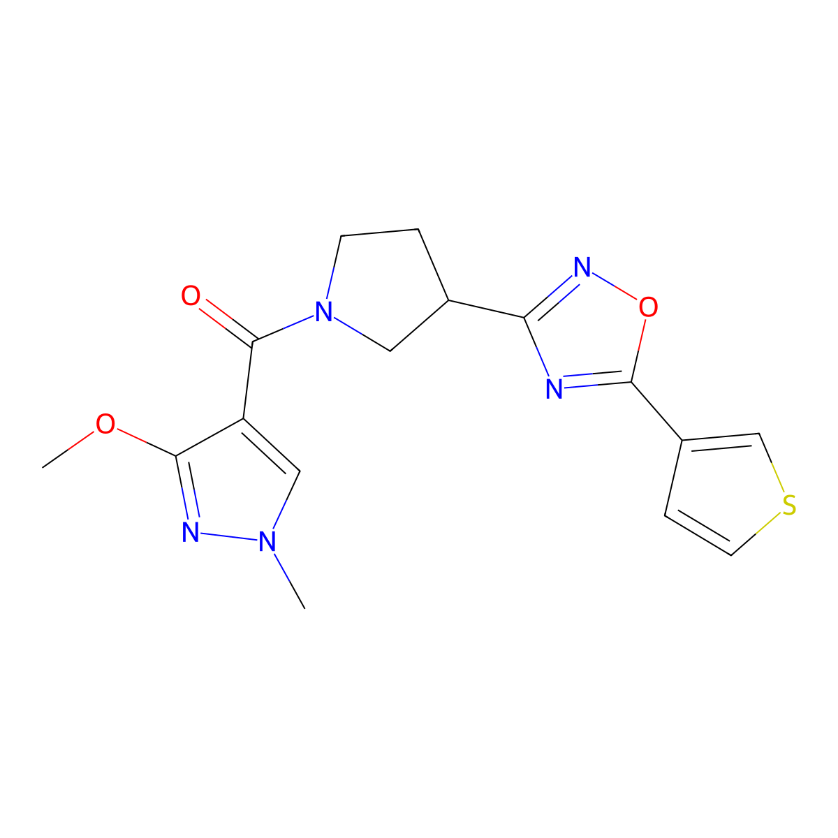 (3-methoxy-1-methyl-1H-pyrazol-4-yl)(3-(5-(thiophen-3-yl)-1,2,4-oxadiazol-3-yl)pyrrolidin-1-yl)methanone molecular structure, CAS 2034414-03-2