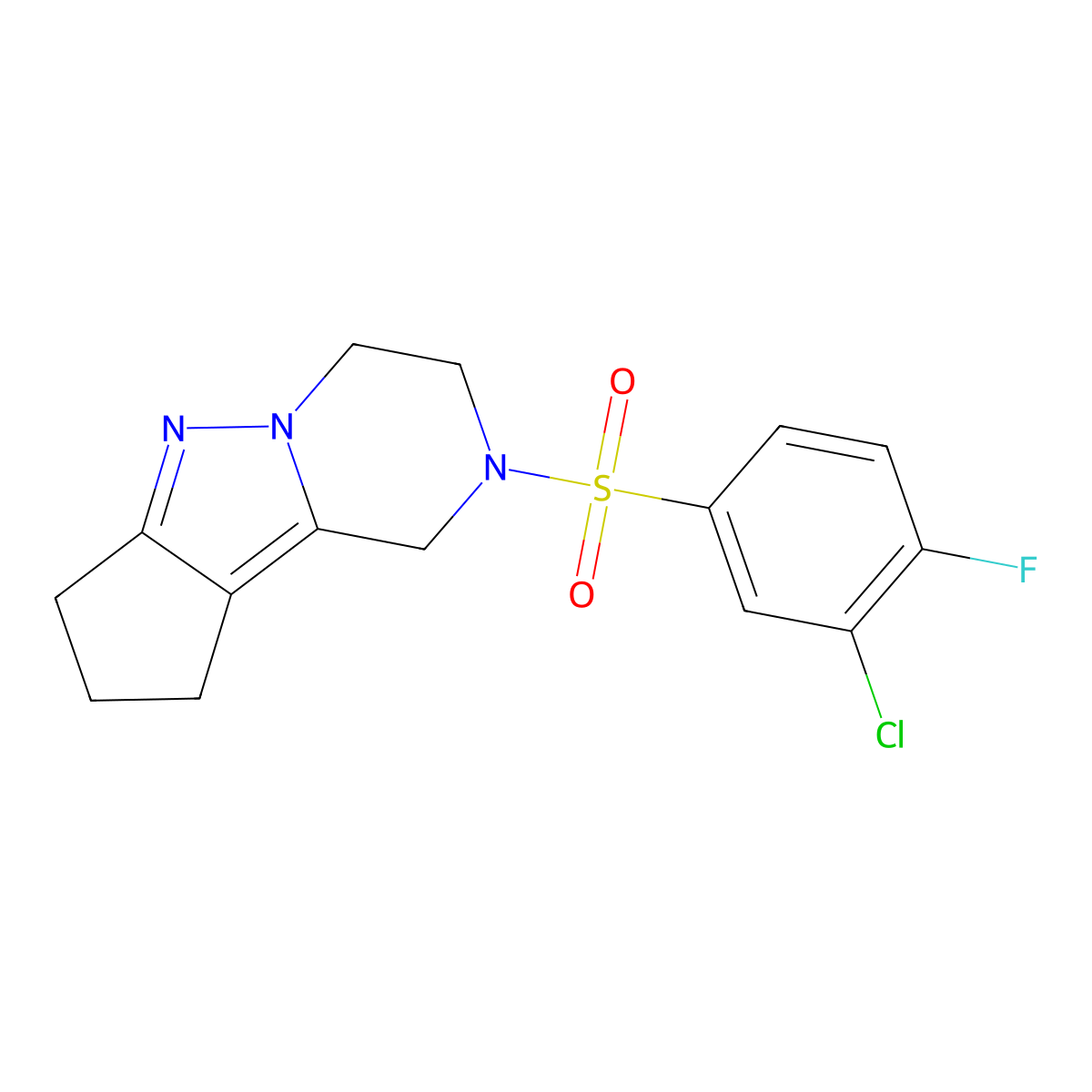 2-((3-chloro-4-fluorophenyl)sulfonyl)-2,3,4,7,8,9-hexahydro-1H-cyclopenta[3,4]pyrazolo[1,5-a]pyrazine molecular structure, CAS 2034414-12-3
