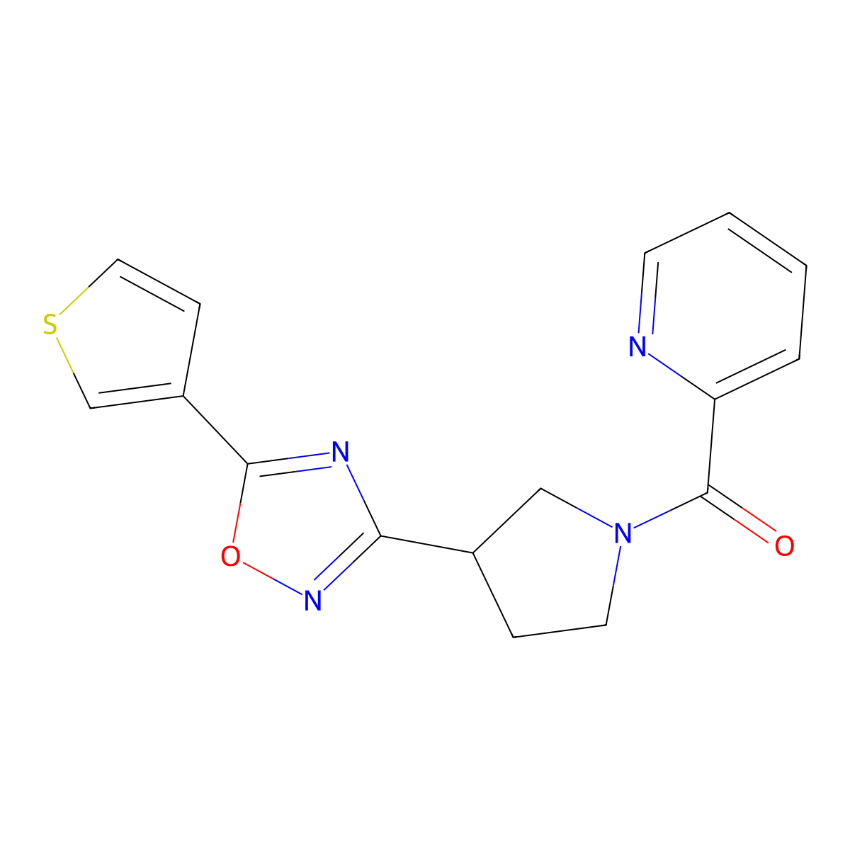 Pyridin-2-yl(3-(5-(thiophen-3-yl)-1,2,4-oxadiazol-3-yl)pyrrolidin-1-yl)methanone molecular structure, CAS 2034414-15-6