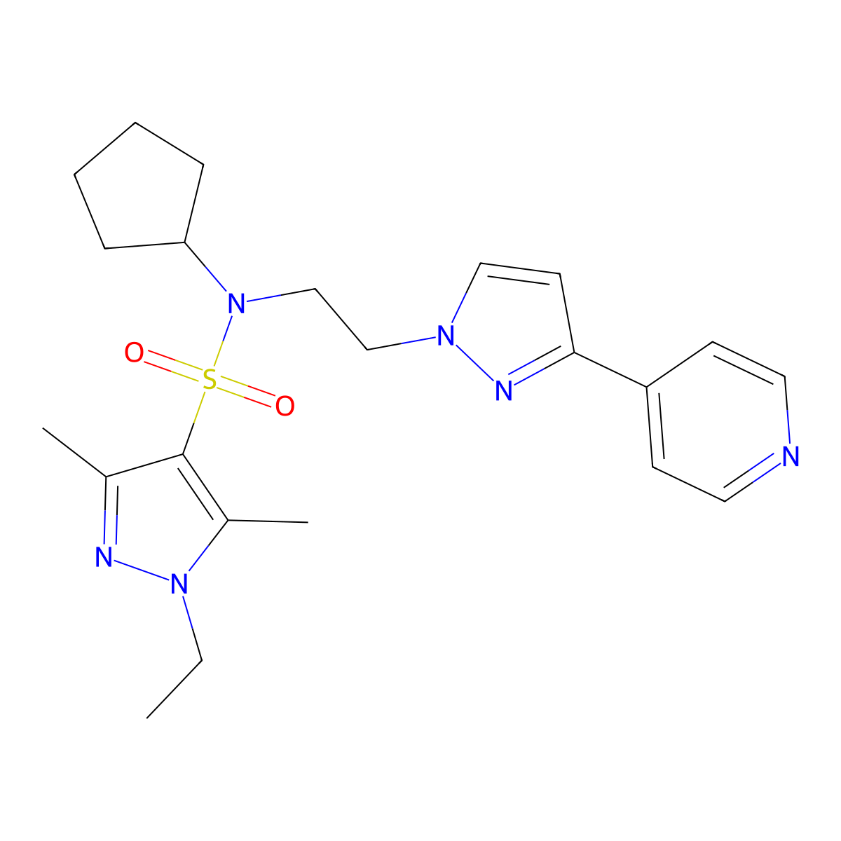 N-cyclopentyl-1-ethyl-3,5-dimethyl-N-(2-(3-(pyridin-4-yl)-1H-pyrazol-1-yl)ethyl)-1H-pyrazole-4-sulfonamide molecular structure, CAS 2034414-18-9