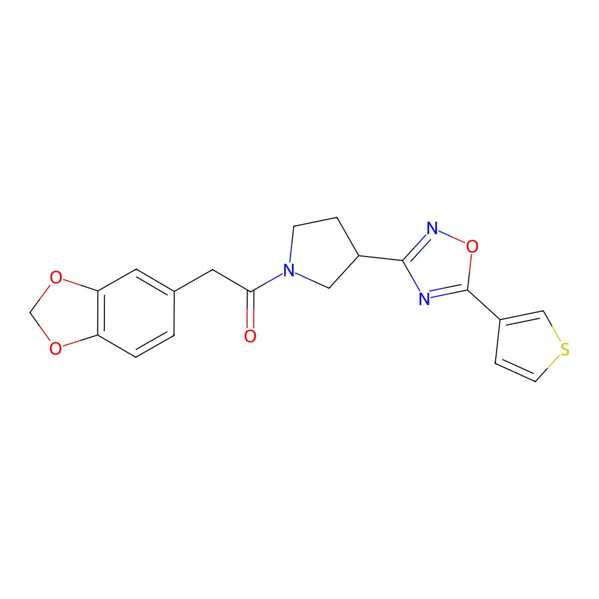 2-(Benzo[d][1,3]dioxol-5-yl)-1-(3-(5-(thiophen-3-yl)-1,2,4-oxadiazol-3-yl)pyrrolidin-1-yl)ethanone molecular structure, CAS 2034414-22-5