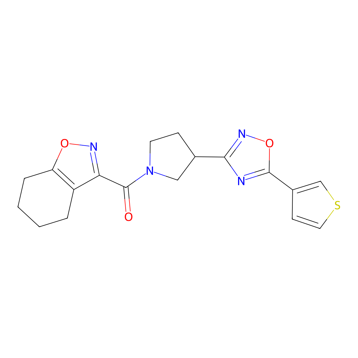 (4,5,6,7-Tetrahydrobenzo[d]isoxazol-3-yl)(3-(5-(thiophen-3-yl)-1,2,4-oxadiazol-3-yl)pyrrolidin-1-yl)methanone molecular structure, CAS 2034414-29-2