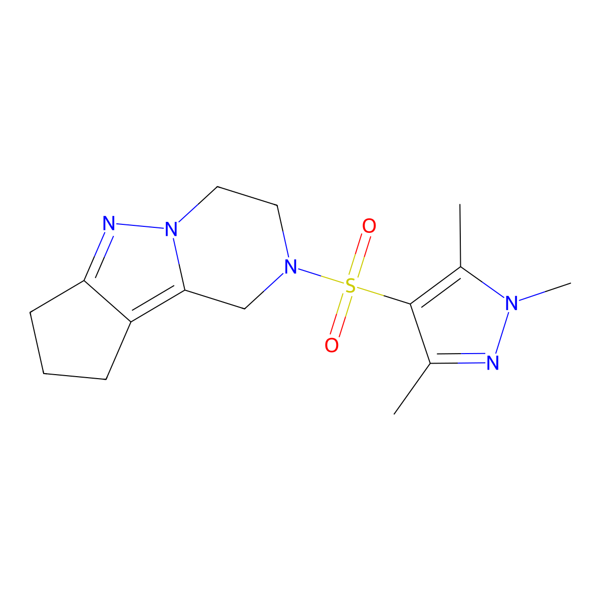 2-((1,3,5-trimethyl-1H-pyrazol-4-yl)sulfonyl)-2,3,4,7,8,9-hexahydro-1H-cyclopenta[3,4]pyrazolo[1,5-a]pyrazine molecular structure, CAS 2034414-38-3