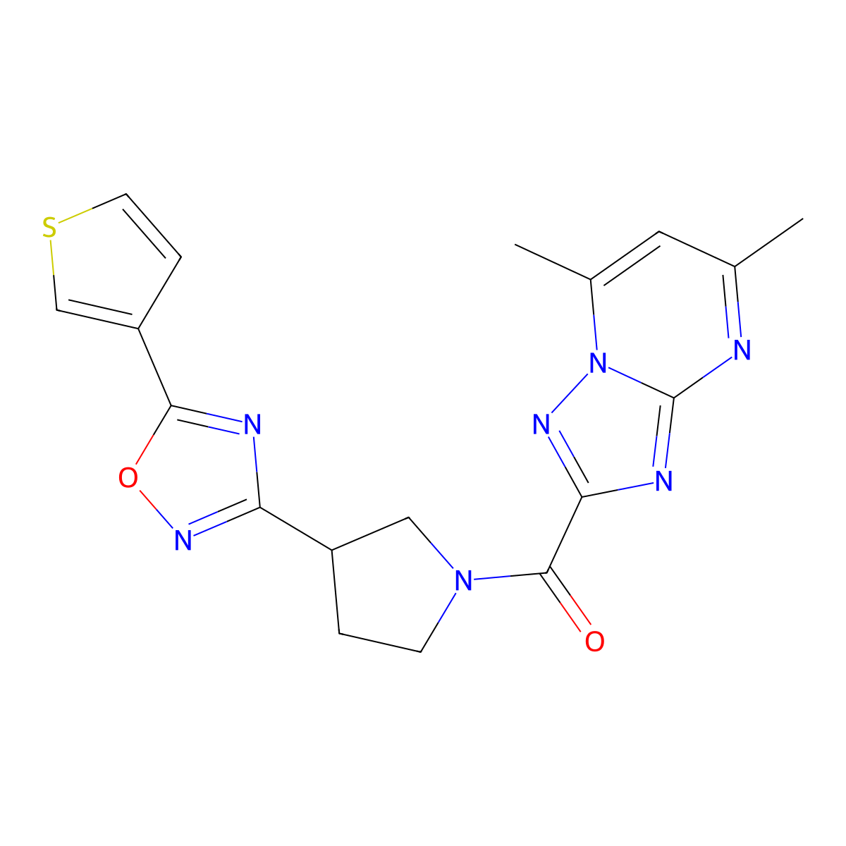 (5,7-Dimethyl-[1,2,4]triazolo[1,5-a]pyrimidin-2-yl)(3-(5-(thiophen-3-yl)-1,2,4-oxadiazol-3-yl)pyrrolidin-1-yl)methanone molecular structure, CAS 2034414-42-9