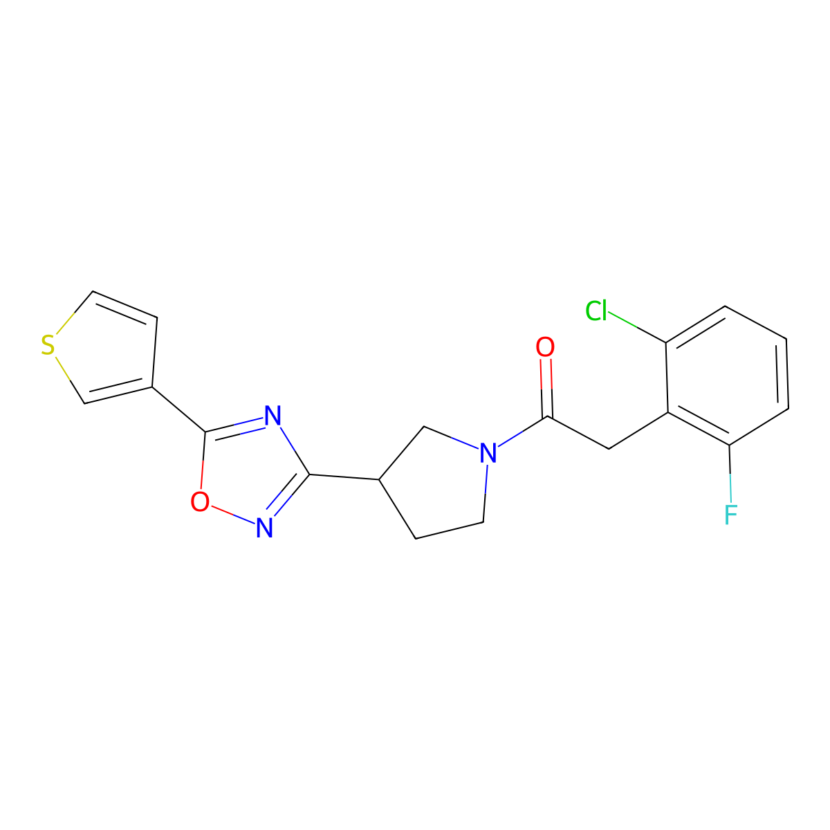 2-(2-Chloro-6-fluorophenyl)-1-(3-(5-(thiophen-3-yl)-1,2,4-oxadiazol-3-yl)pyrrolidin-1-yl)ethanone molecular structure, CAS 2034414-47-4