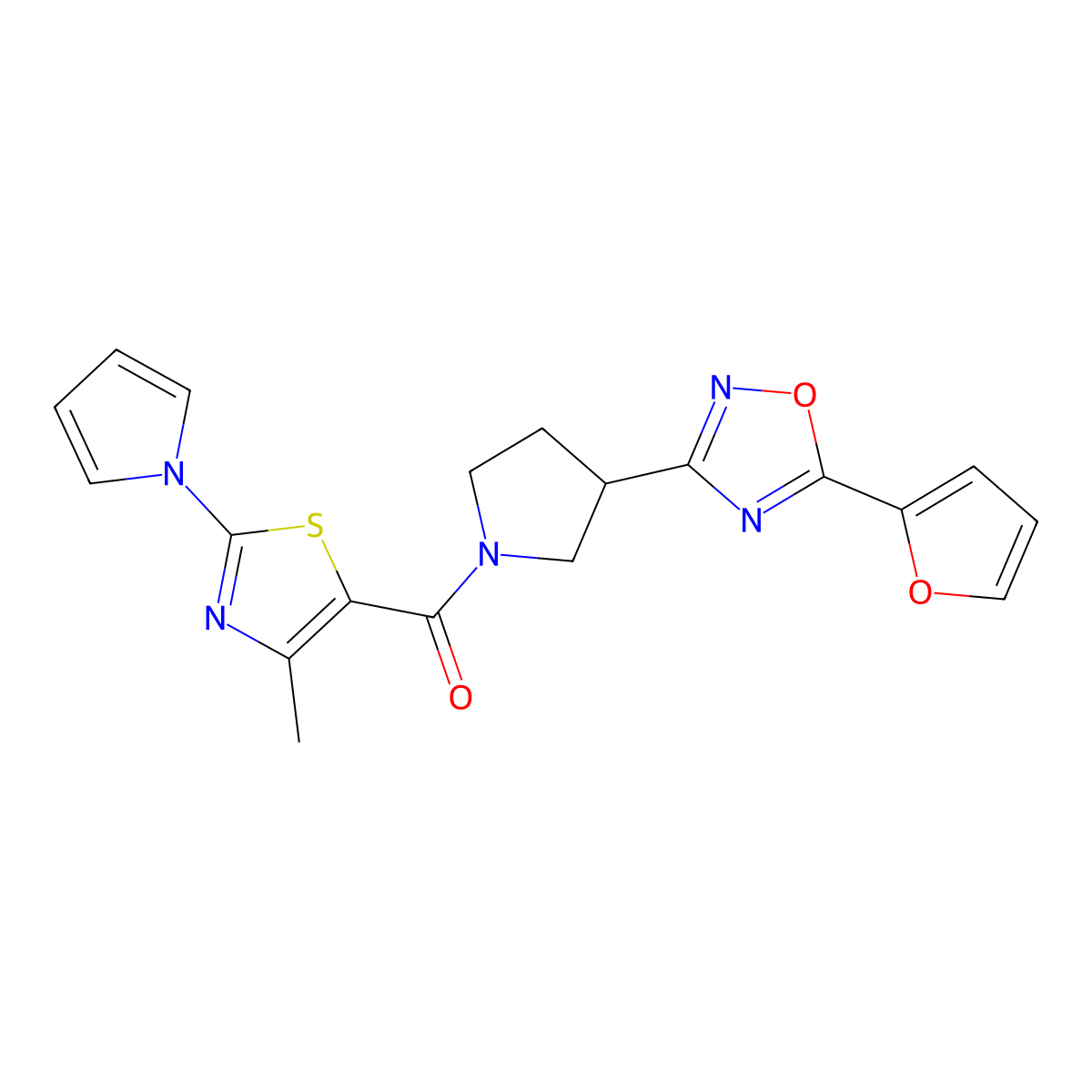(3-(5-(furan-2-yl)-1,2,4-oxadiazol-3-yl)pyrrolidin-1-yl)(4-methyl-2-(1H-pyrrol-1-yl)thiazol-5-yl)methanone molecular structure, CAS 2034414-50-9