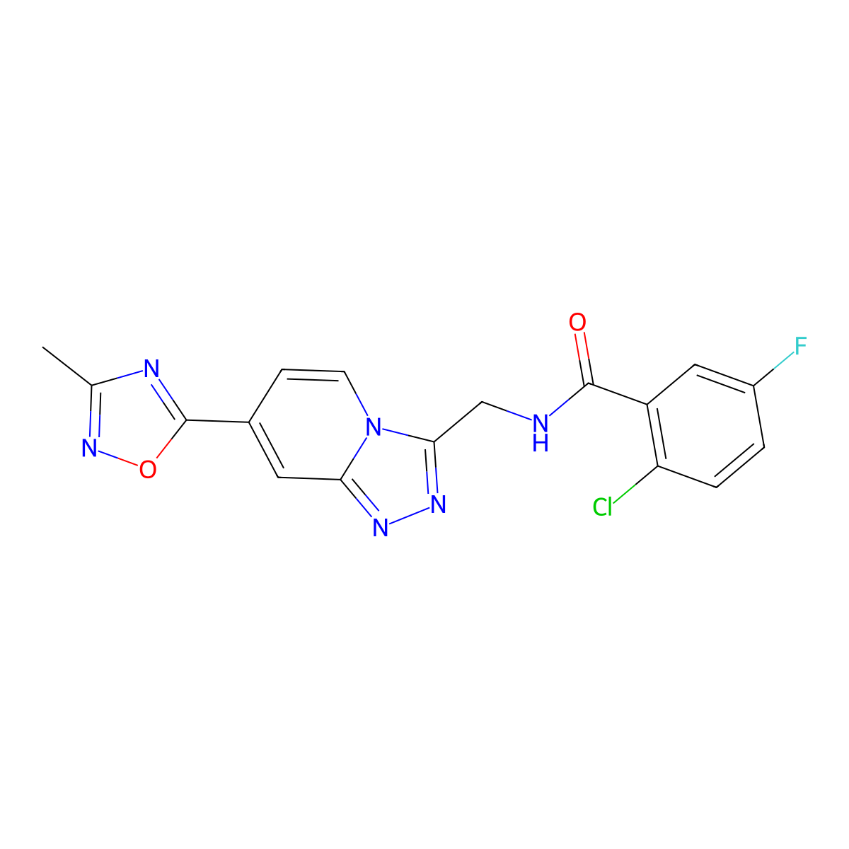 2-chloro-5-fluoro-N-((7-(3-methyl-1,2,4-oxadiazol-5-yl)-[1,2,4]triazolo[4,3-a]pyridin-3-yl)methyl)benzamide molecular structure, CAS 2034414-54-3