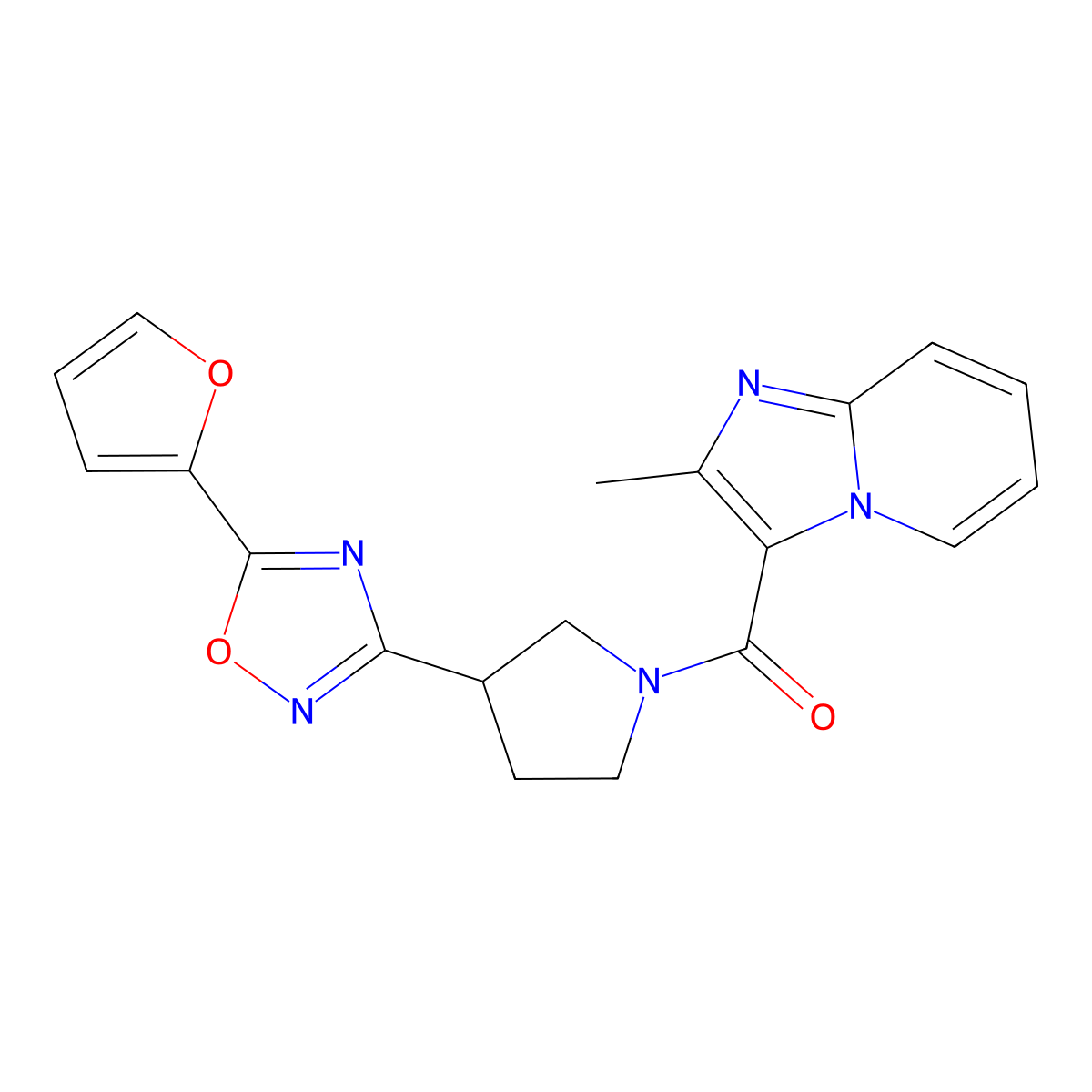 (3-(5-(Furan-2-yl)-1,2,4-oxadiazol-3-yl)pyrrolidin-1-yl)(2-methylimidazo[1,2-a]pyridin-3-yl)methanone molecular structure, CAS 2034414-72-5