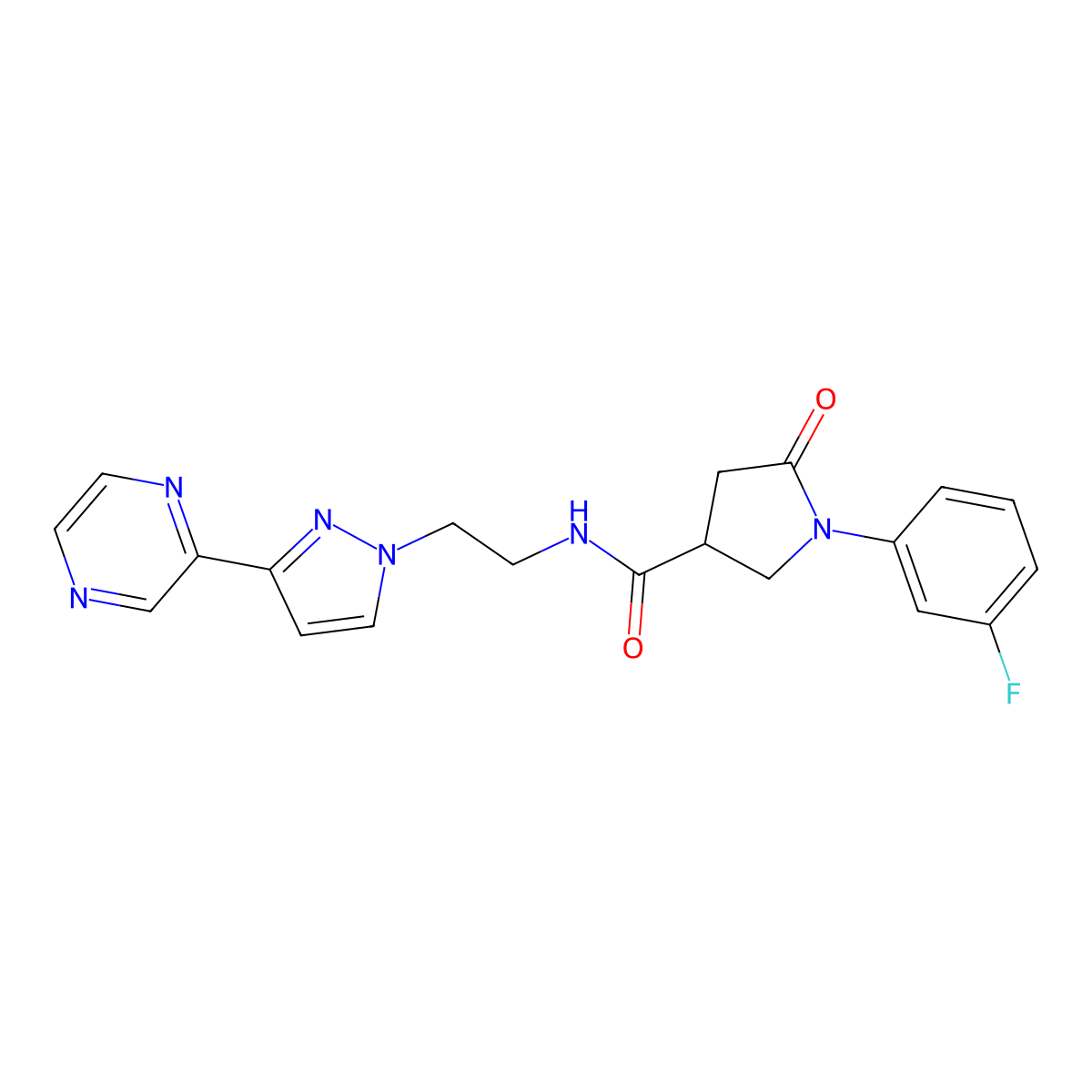 1-(3-fluorophenyl)-5-oxo-N-{2-[3-(pyrazin-2-yl)-1H-pyrazol-1-yl]ethyl}pyrrolidine-3-carboxamide molecular structure, CAS 2034414-73-6