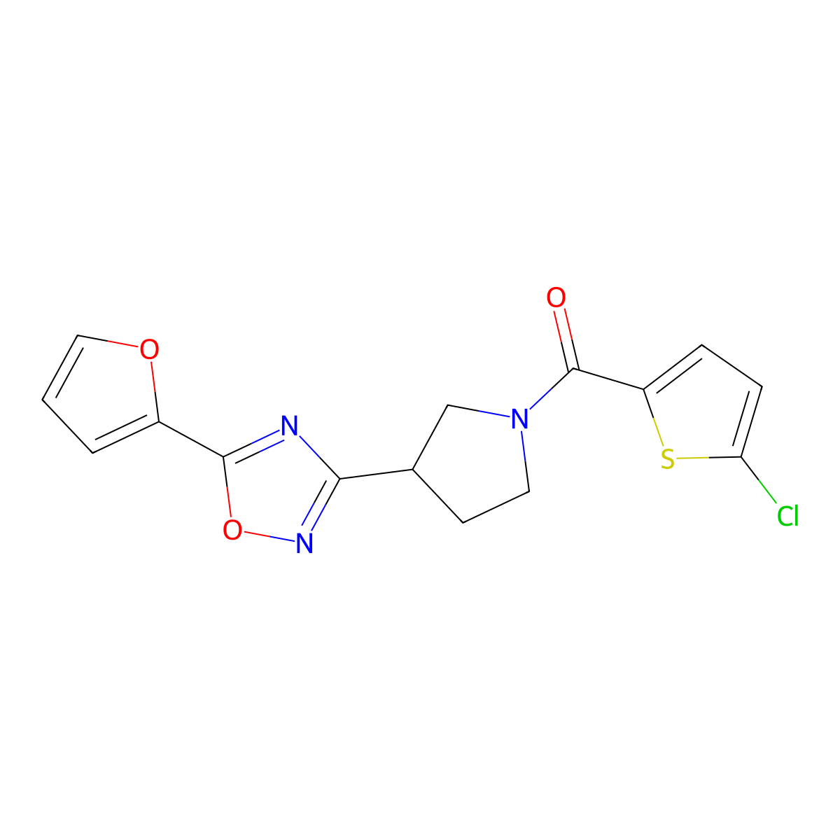 (5-Chlorothiophen-2-yl)(3-(5-(furan-2-yl)-1,2,4-oxadiazol-3-yl)pyrrolidin-1-yl)methanone molecular structure, CAS 2034414-81-6