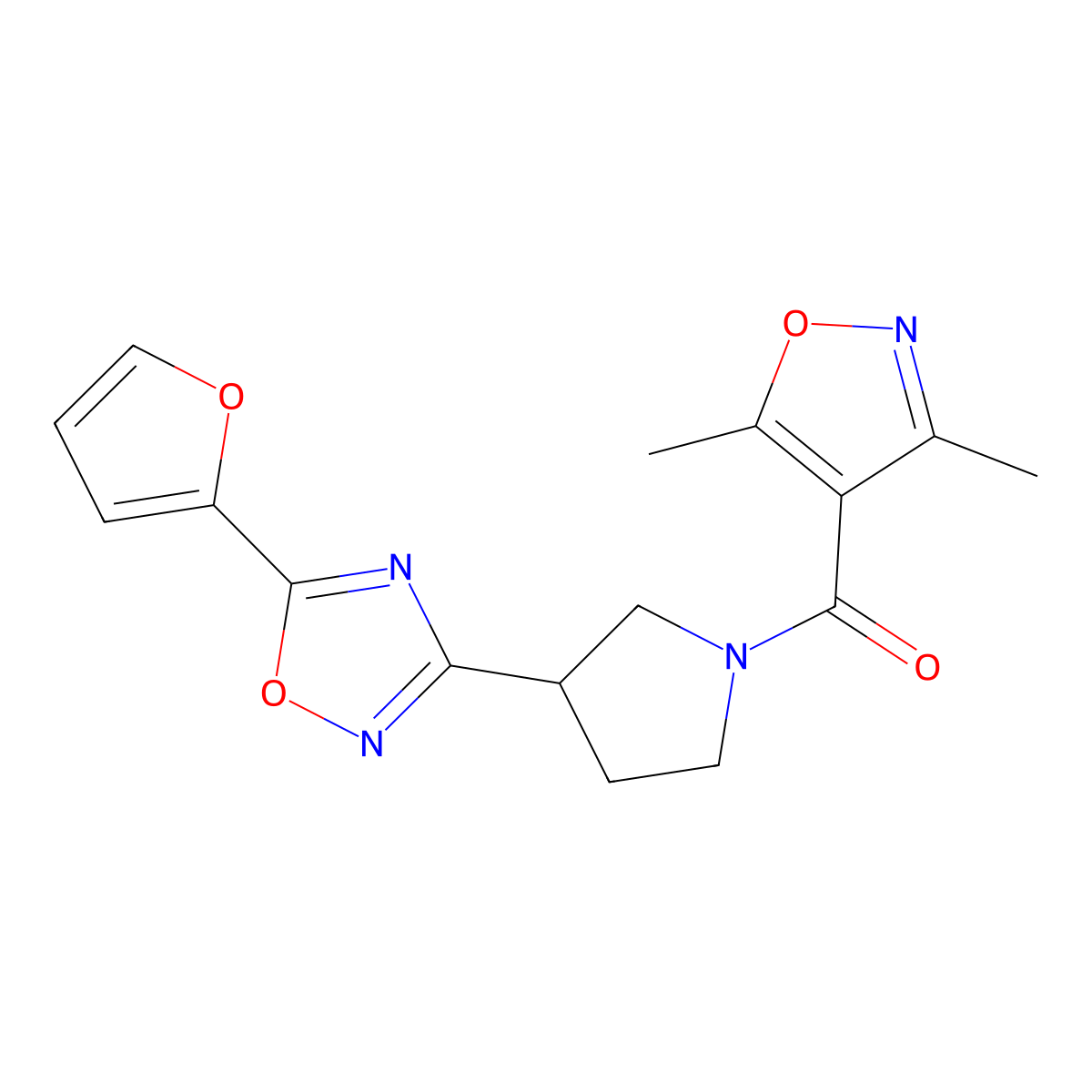 (3,5-Dimethylisoxazol-4-yl)(3-(5-(furan-2-yl)-1,2,4-oxadiazol-3-yl)pyrrolidin-1-yl)methanone molecular structure, CAS 2034414-86-1
