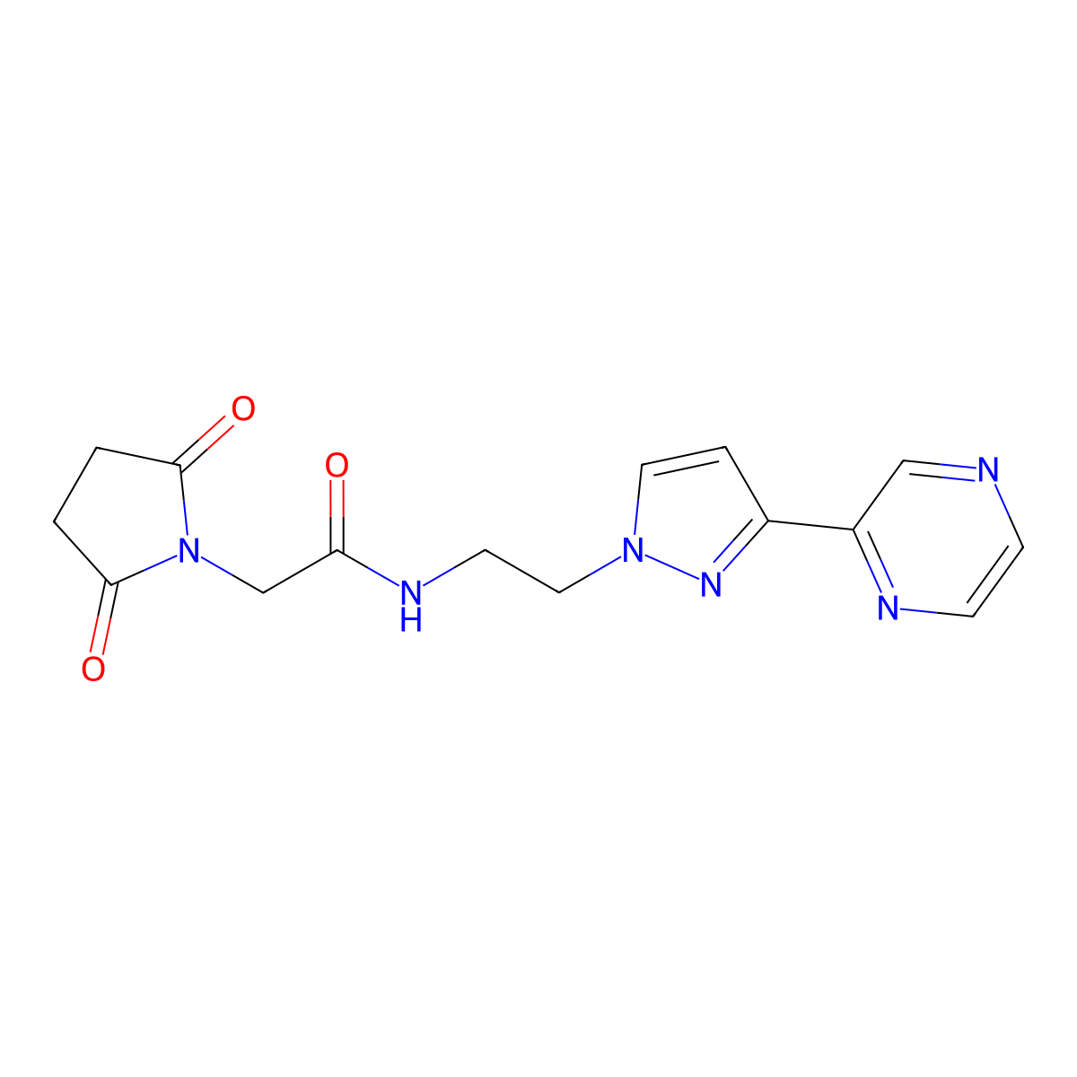 2-(2,5-dioxopyrrolidin-1-yl)-N-{2-[3-(pyrazin-2-yl)-1H-pyrazol-1-yl]ethyl}acetamide molecular structure, CAS 2034414-90-7