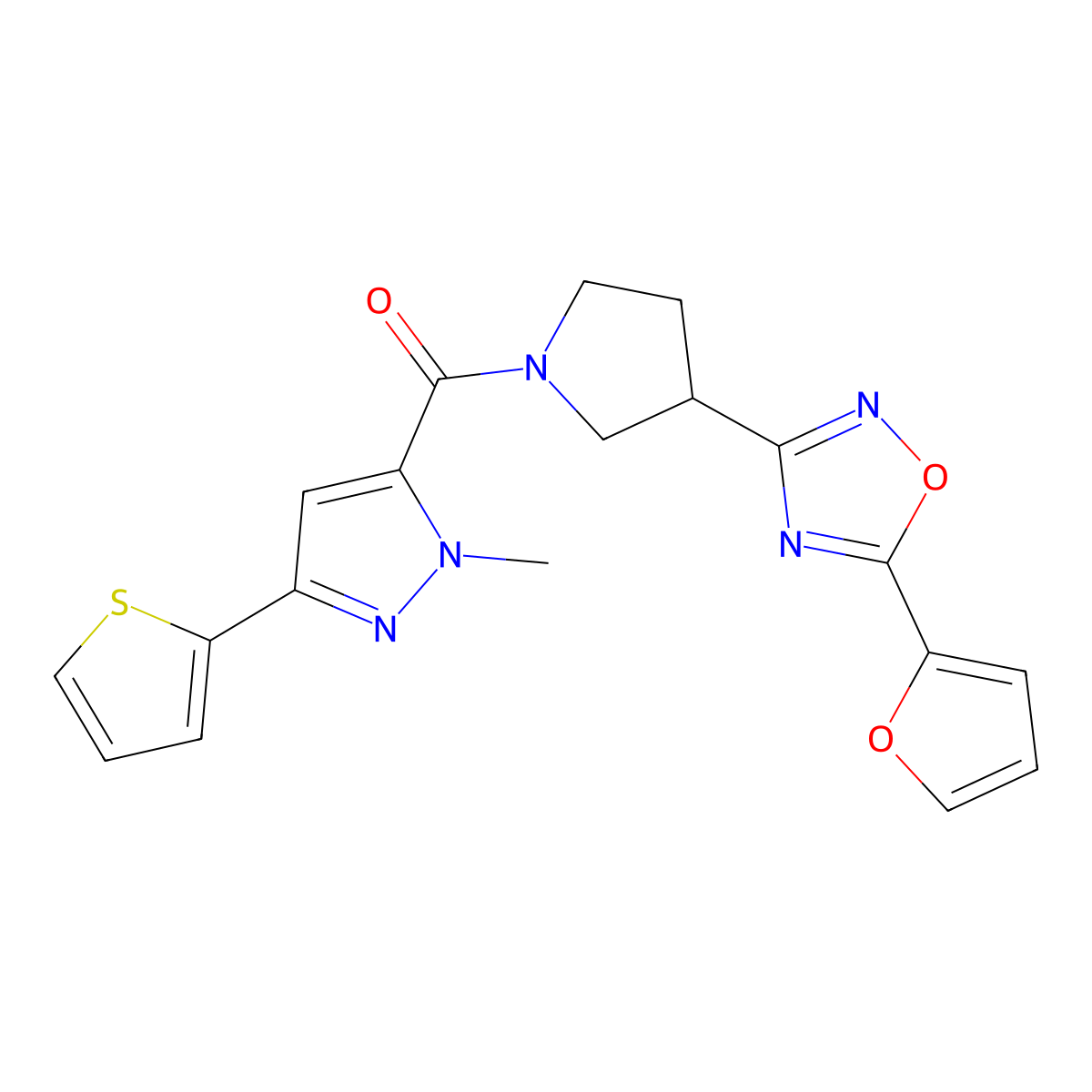 (3-(5-(furan-2-yl)-1,2,4-oxadiazol-3-yl)pyrrolidin-1-yl)(1-methyl-3-(thiophen-2-yl)-1H-pyrazol-5-yl)methanone molecular structure, CAS 2034414-91-8
