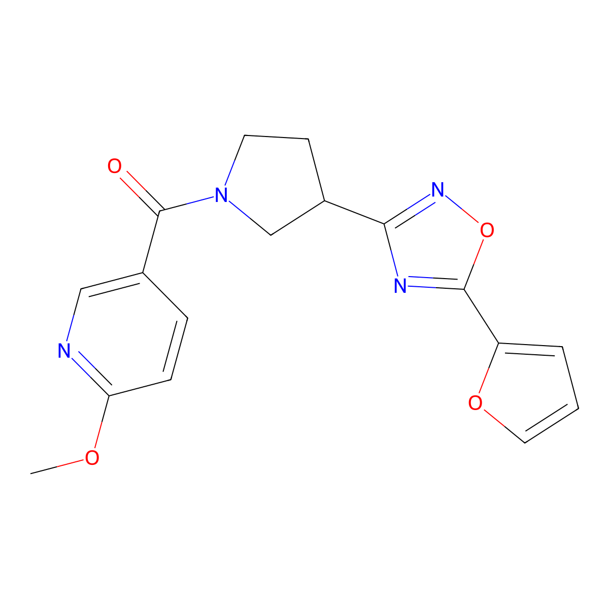 (3-(5-(Furan-2-yl)-1,2,4-oxadiazol-3-yl)pyrrolidin-1-yl)(6-methoxypyridin-3-yl)methanone molecular structure, CAS 2034414-96-3
