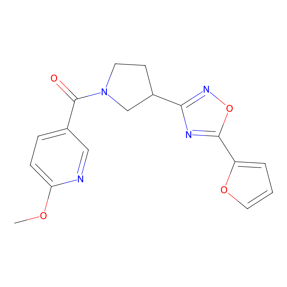 (3-(5-(Furan-2-yl)-1,2,4-oxadiazol-3-yl)pyrrolidin-1-yl)(6-methoxypyridin-3-yl)methanone molecular structure, CAS 2034414-96-3